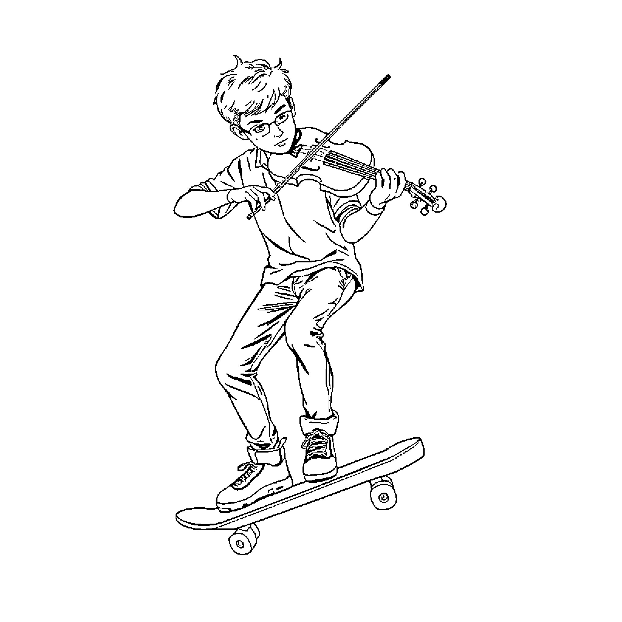 Violinist performing while riding a skateboard Coloring Page (free black-and-white line drawing printable PDF for all, from beginners to advanced learners, including children, teens, adults, and seniors)