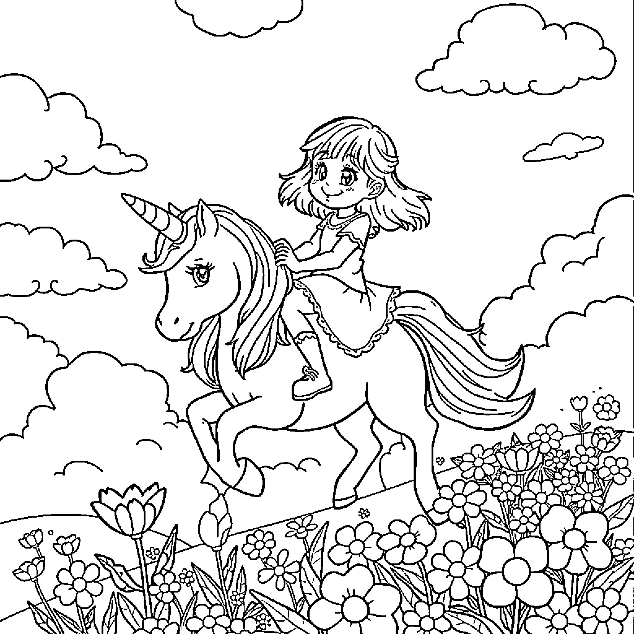Unicorn Riding: Girl's Enchanting Adventure Coloring Page (free black-and-white line drawing printable PDF for all, from beginners to advanced learners, including children, teens, adults, and seniors)