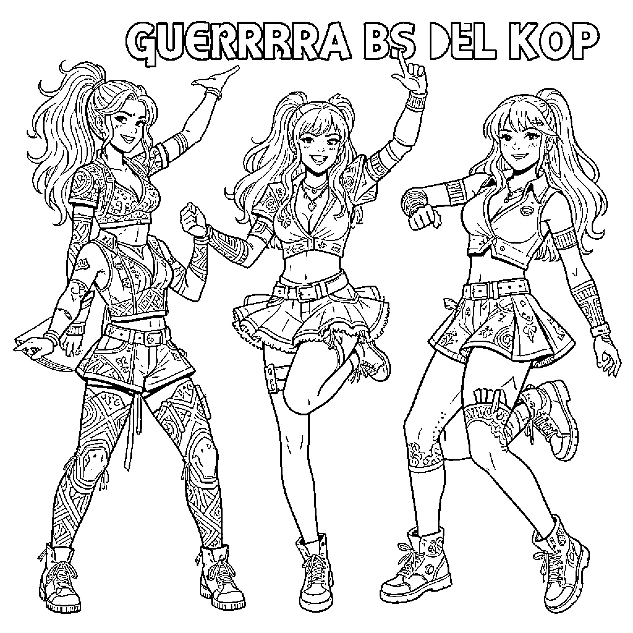 K Pop Warrior girls posing in stylish outfits Coloring Page (free black-and-white line drawing printable PDF for all, from beginners to advanced learners, including children, teens, adults, and seniors)