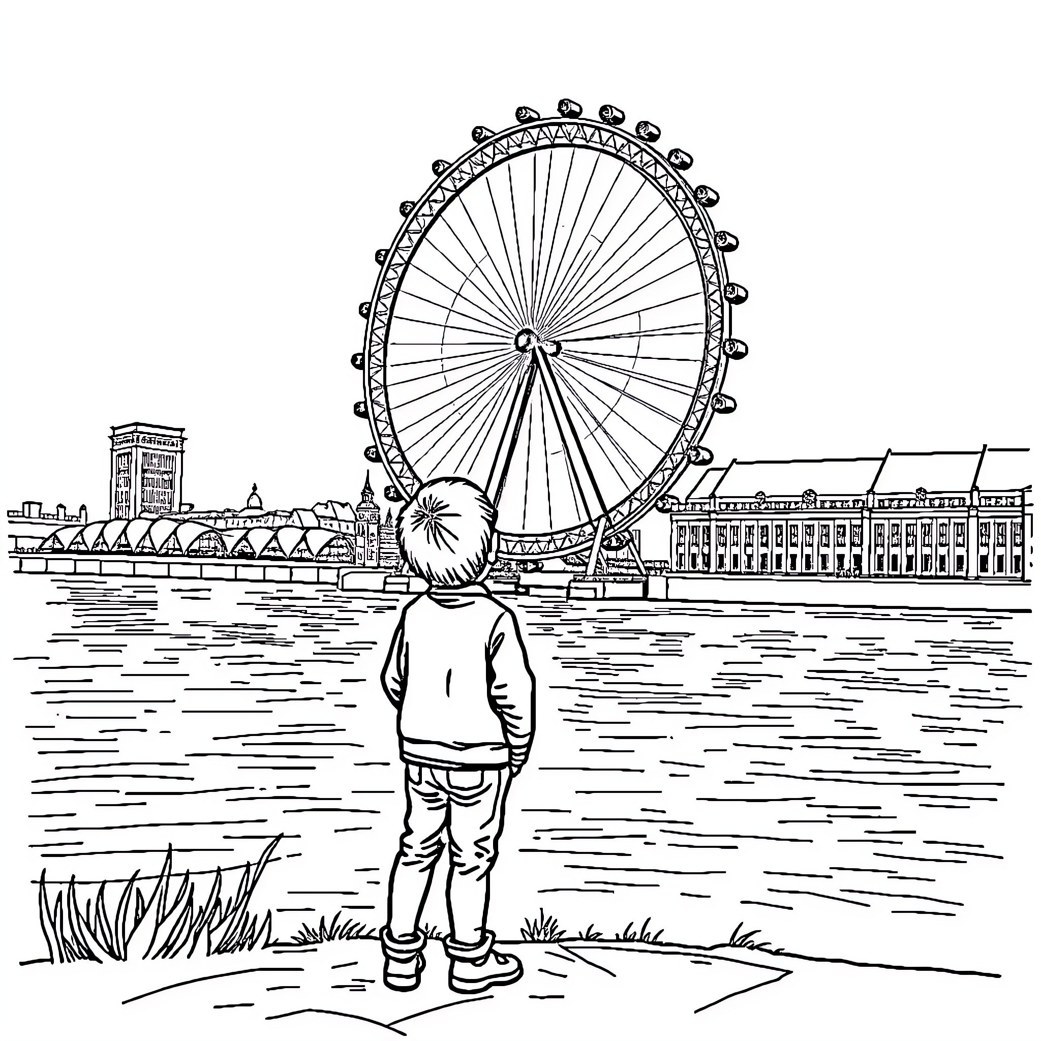 Boy marveling at the towering Ferris wheel Coloring Page (free black-and-white line drawing printable PDF for all, from beginners to advanced learners, including children, teens, adults, and seniors)