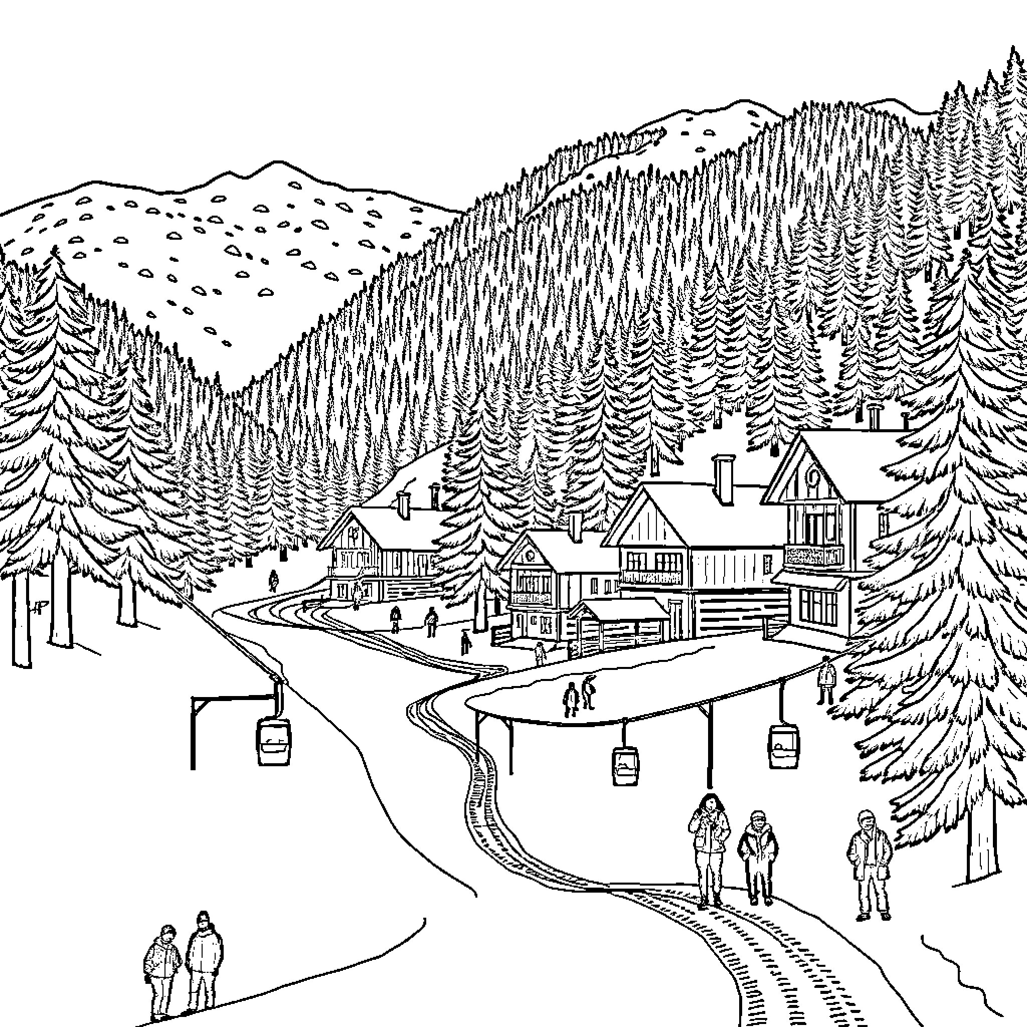 Mountain Village Landscape with Snowy Trails Coloring Page (free black-and-white line drawing printable PDF for all, from beginners to advanced learners, including children, teens, adults, and seniors)