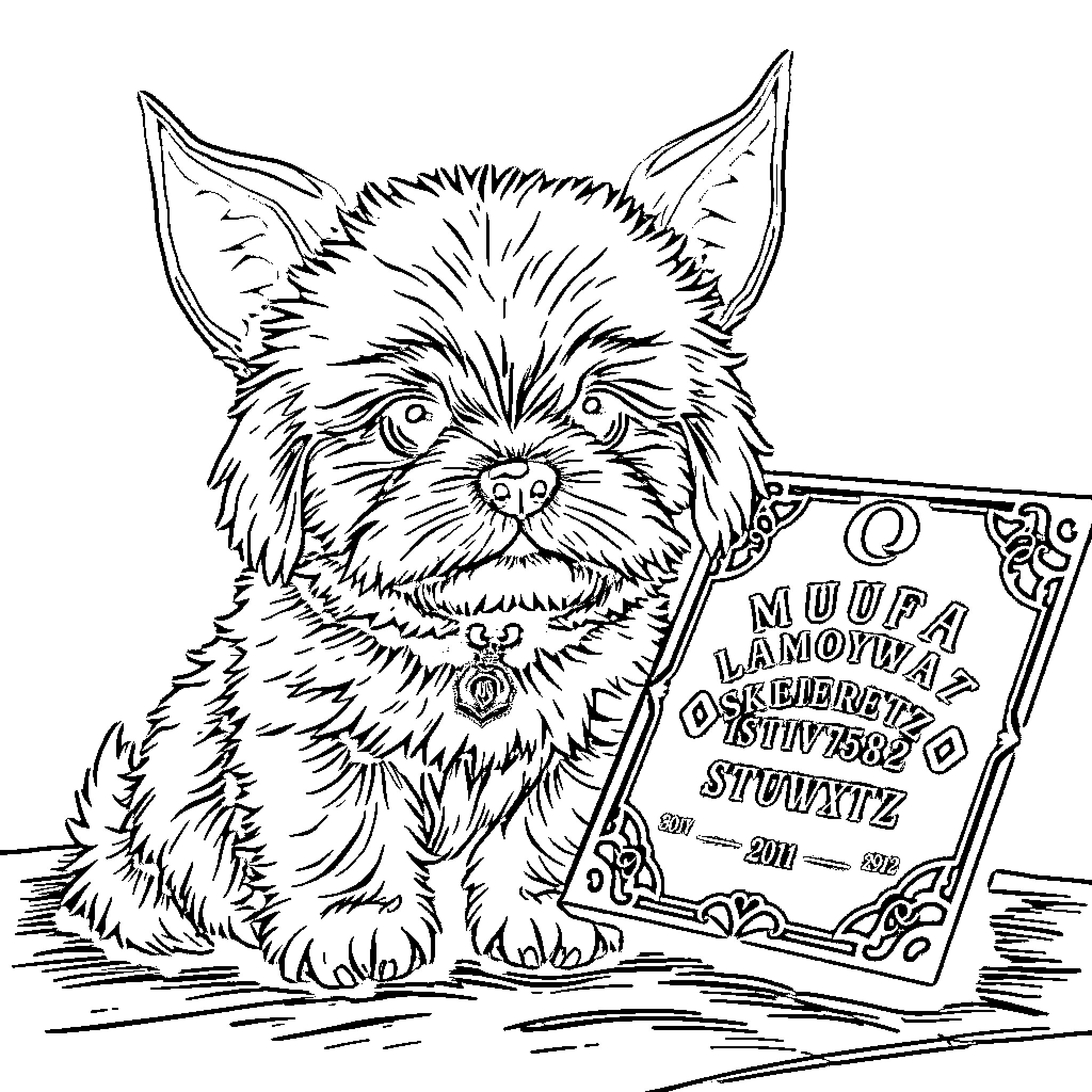Dog holding a newspaper with text Coloring Page (free black-and-white line drawing printable PDF for all, from beginners to advanced learners, including children, teens, adults, and seniors)