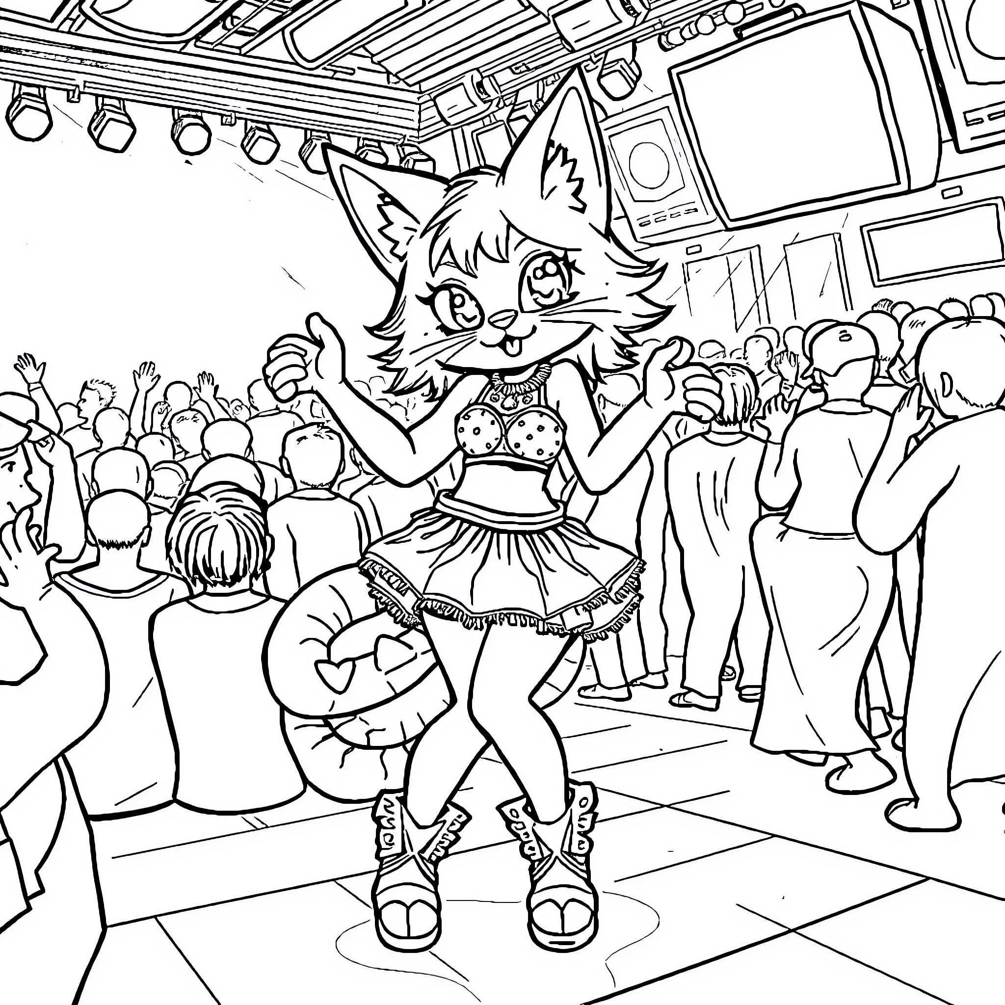Cat Girl Performing on Stage with Fans Coloring Page (free black-and-white line drawing printable PDF for all, from beginners to advanced learners, including children, teens, adults, and seniors)