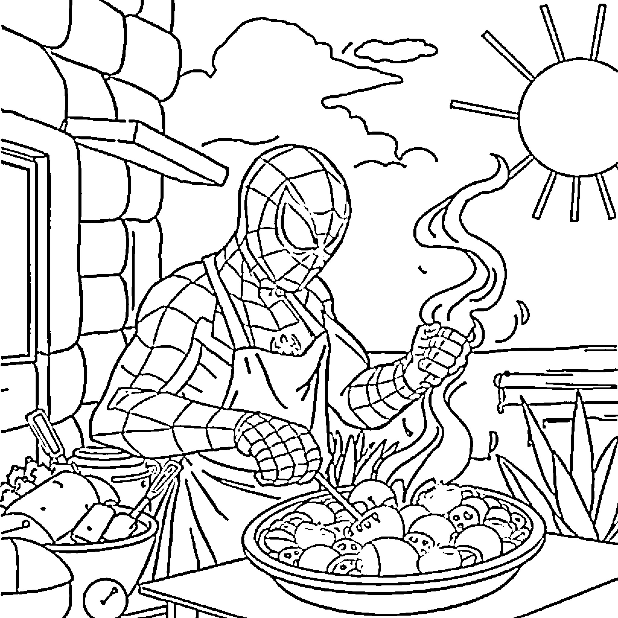 Spiderman cooking in a cozy home scene Coloring Page (free black-and-white line drawing printable PDF for all, from beginners to advanced learners, including children, teens, adults, and seniors)