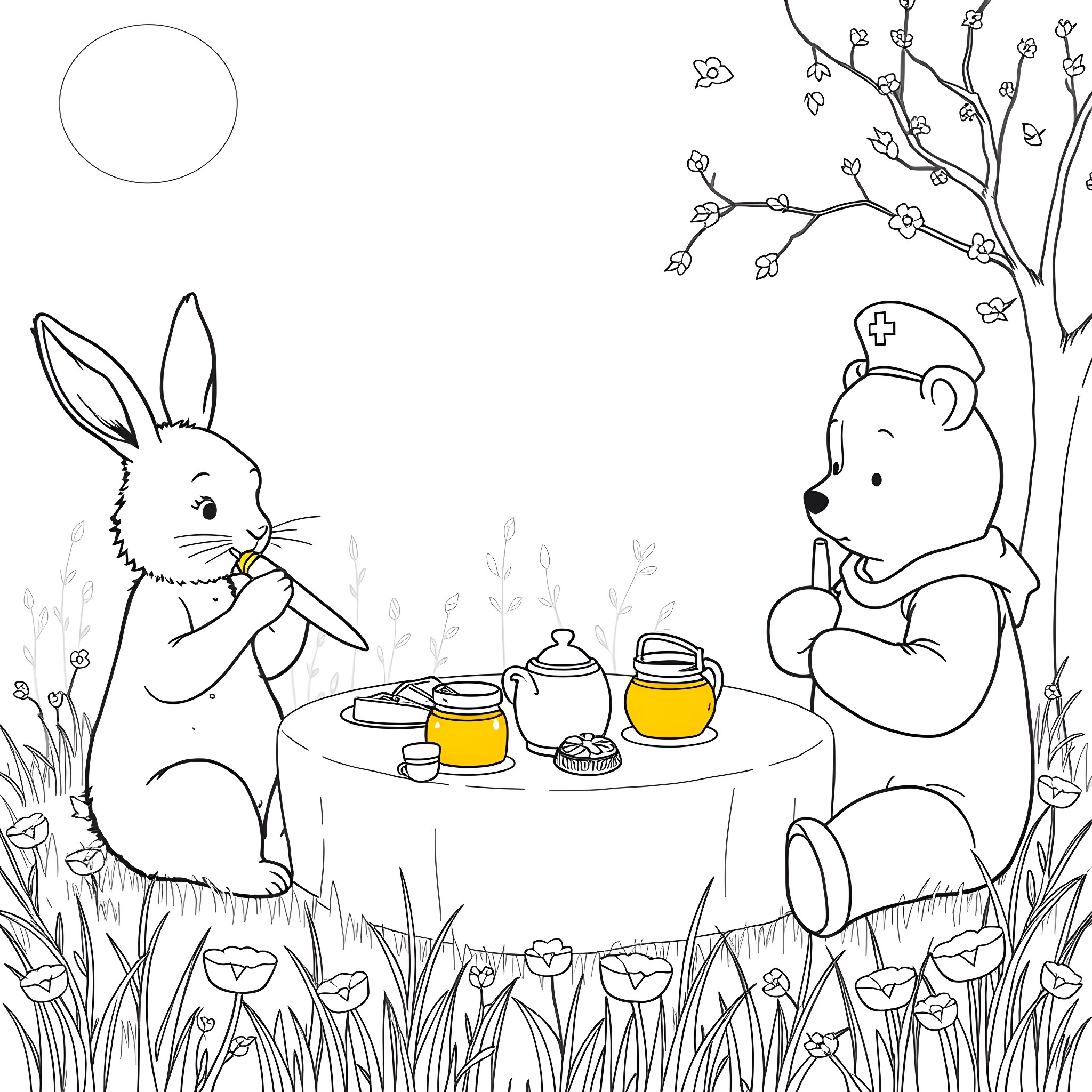 Rabbit and Bear Enjoying a Picnic in the Garden Coloring Page (free black-and-white line drawing printable PDF for all, from beginners to advanced learners, including children, teens, adults, and seniors)