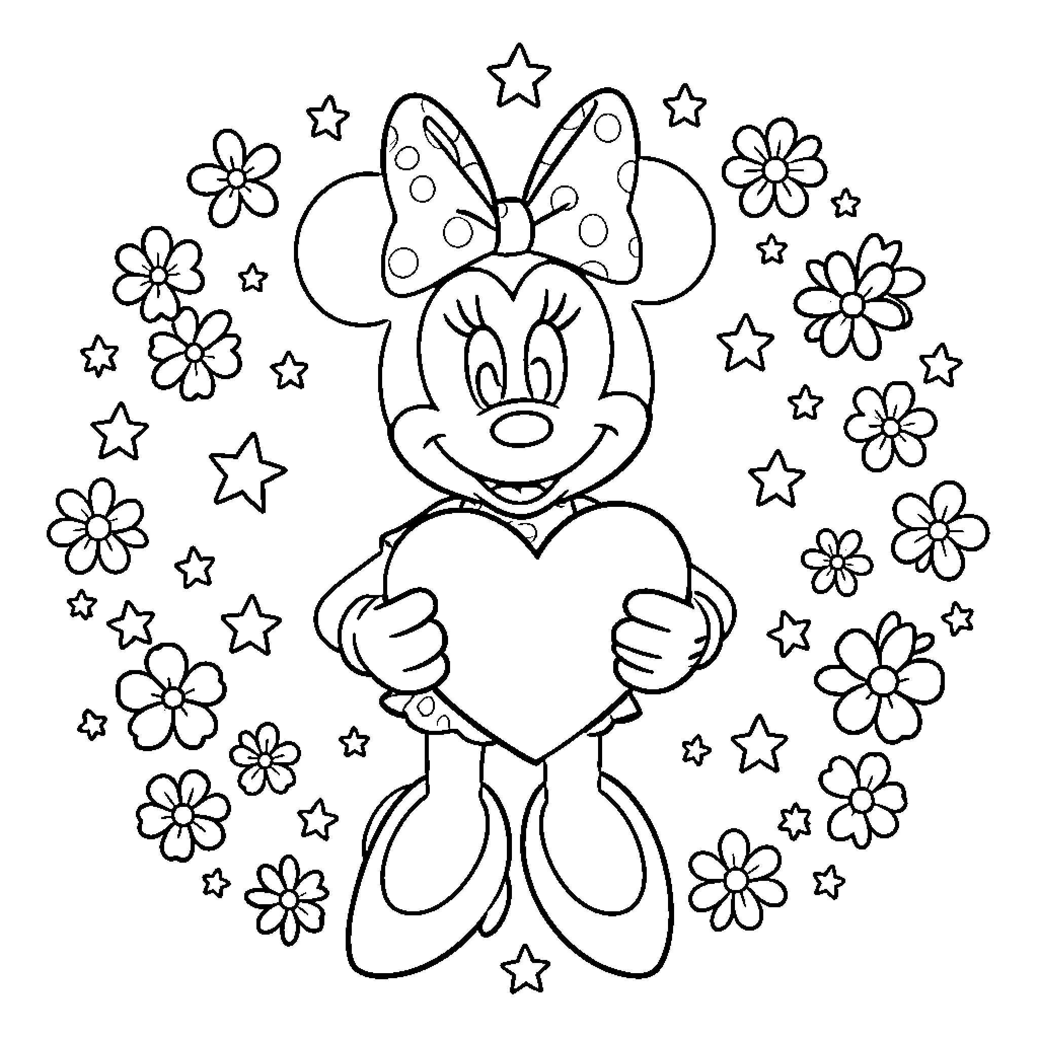 Minnie smiling while holding a large heart Coloring Page (free black-and-white line drawing printable PDF for all, from beginners to advanced learners, including children, teens, adults, and seniors)