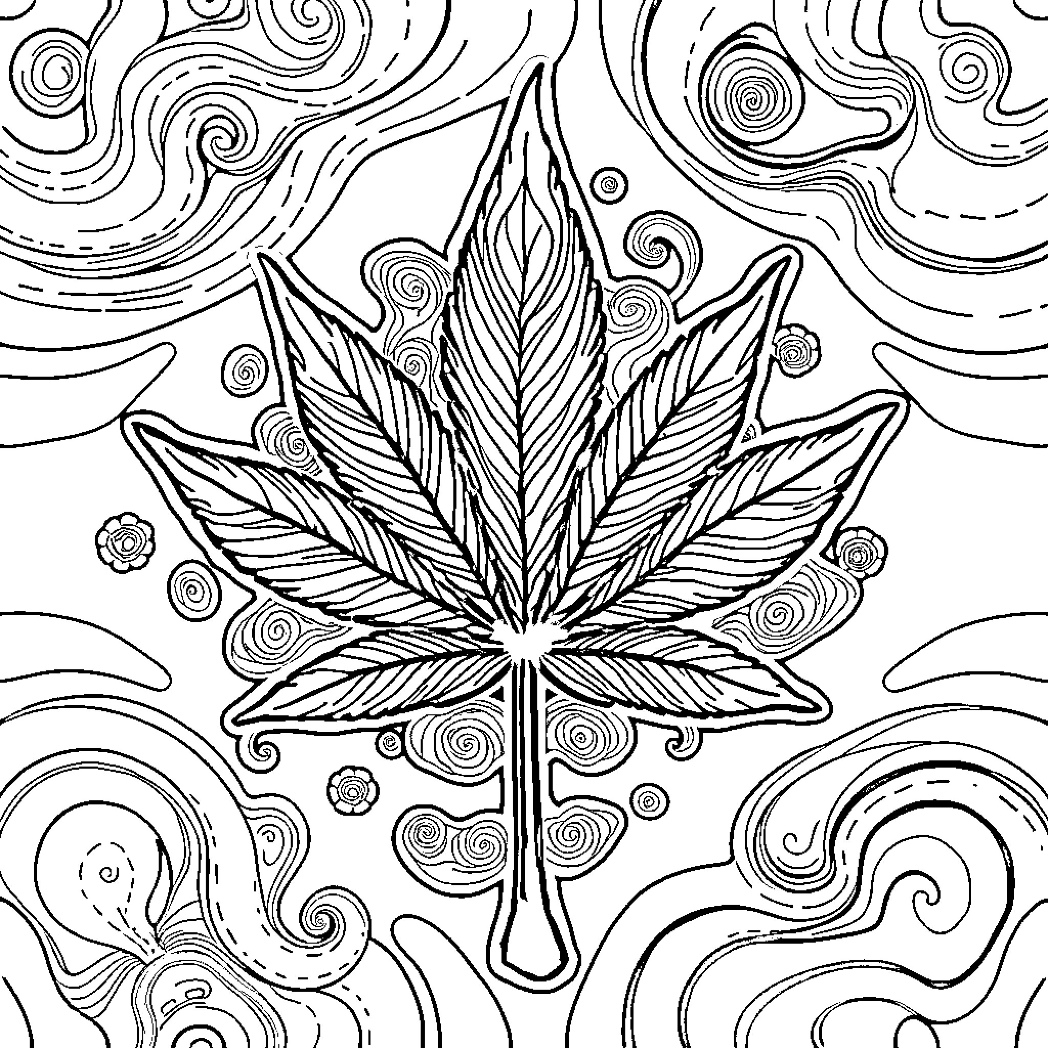 Weed Leaf in Psychedelic Illustration Coloring Page (free black-and-white line drawing printable PDF for all, from beginners to advanced learners, including children, teens, adults, and seniors)