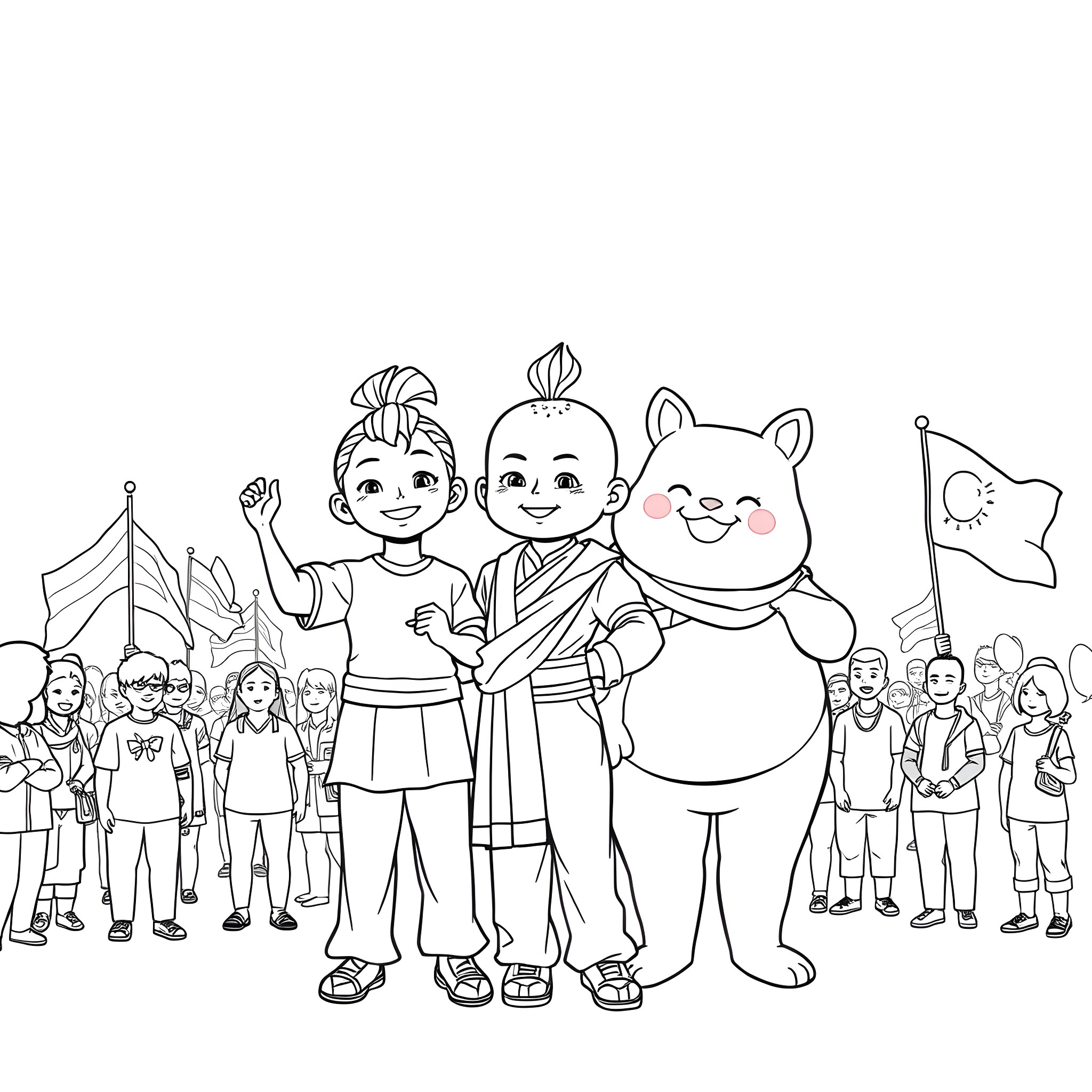 Tien Shinhan and friends in an illustrated scene Coloring Page (free black-and-white line drawing printable PDF for all, from beginners to advanced learners, including children, teens, adults, and seniors)