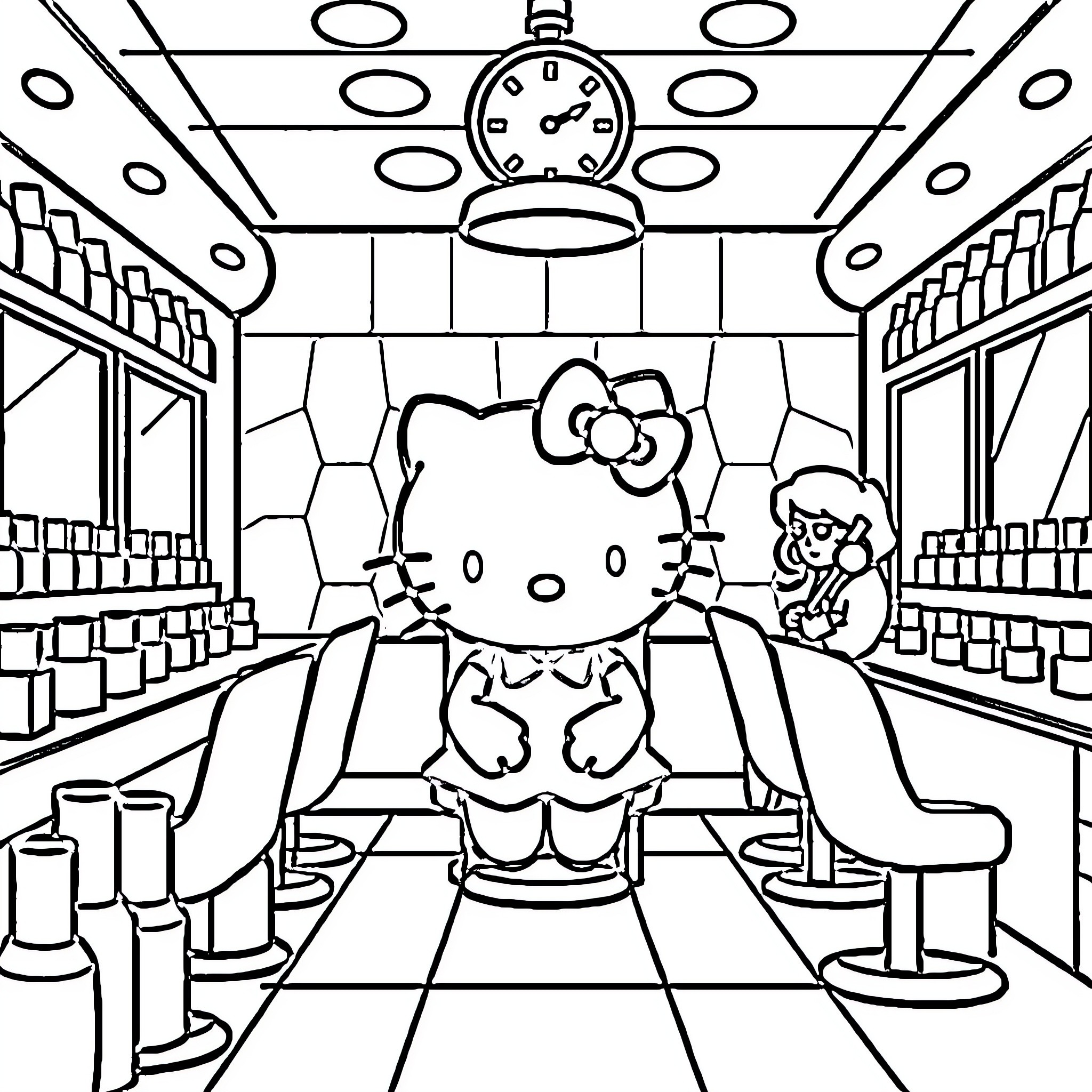 Hello Kitty Shopping at the Supermarket Coloring Page (free black-and-white line drawing printable PDF for all, from beginners to advanced learners, including children, teens, adults, and seniors)