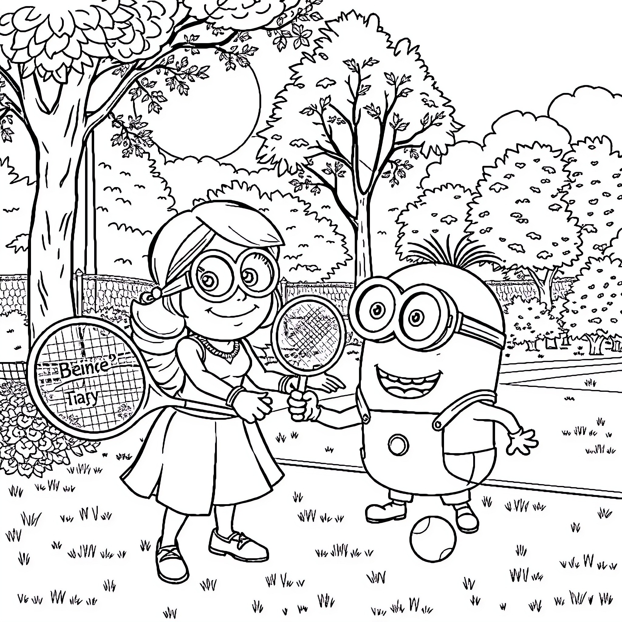 Biene Maja playing tennis with minions in the park Coloring Page (free black-and-white line drawing printable PDF for all, from beginners to advanced learners, including children, teens, adults, and seniors)