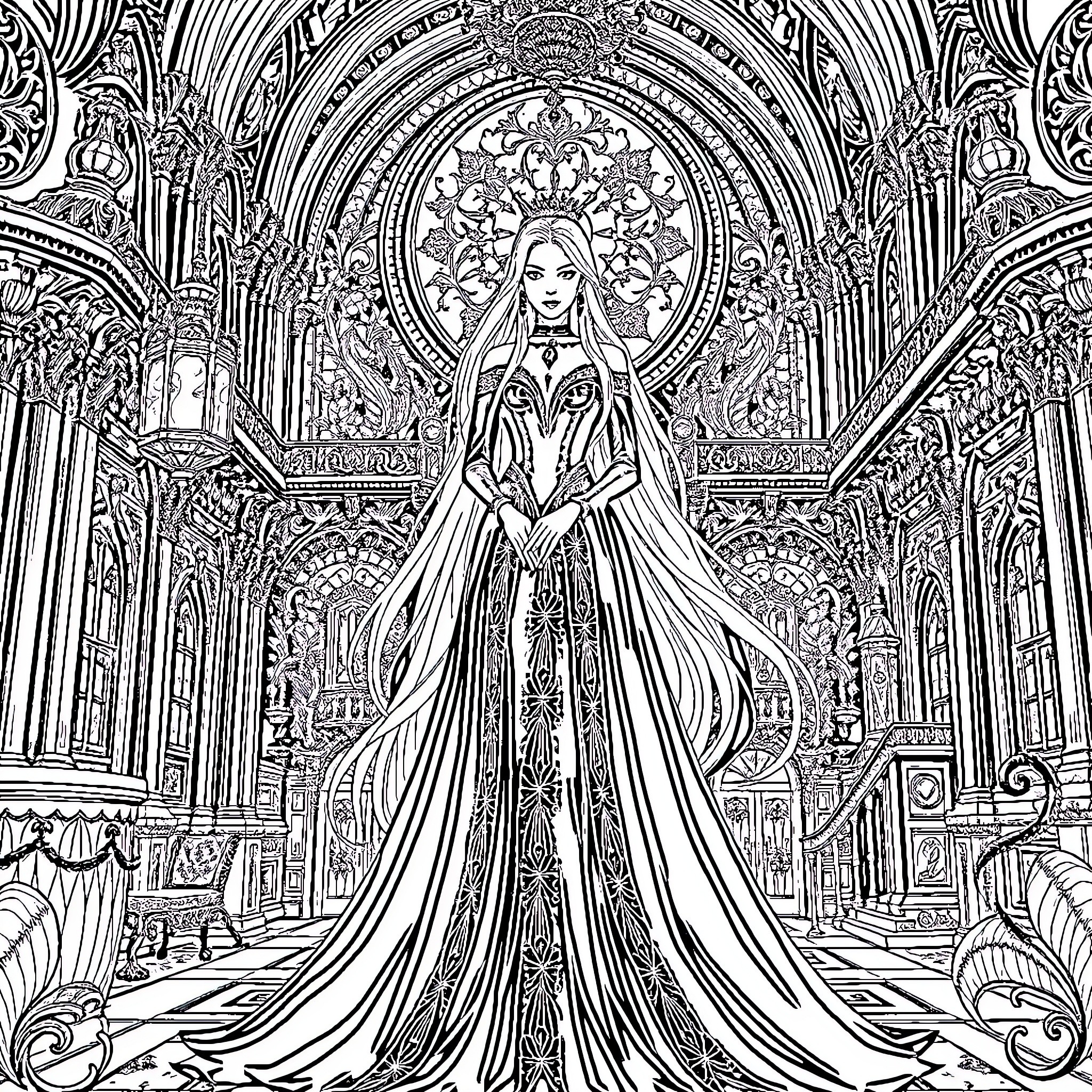 Lady Dimitrescu's Elegant Reign in a Lavish Ballroom Coloring Page (free black-and-white line drawing printable PDF for all, from beginners to advanced learners, including children, teens, adults, and seniors)