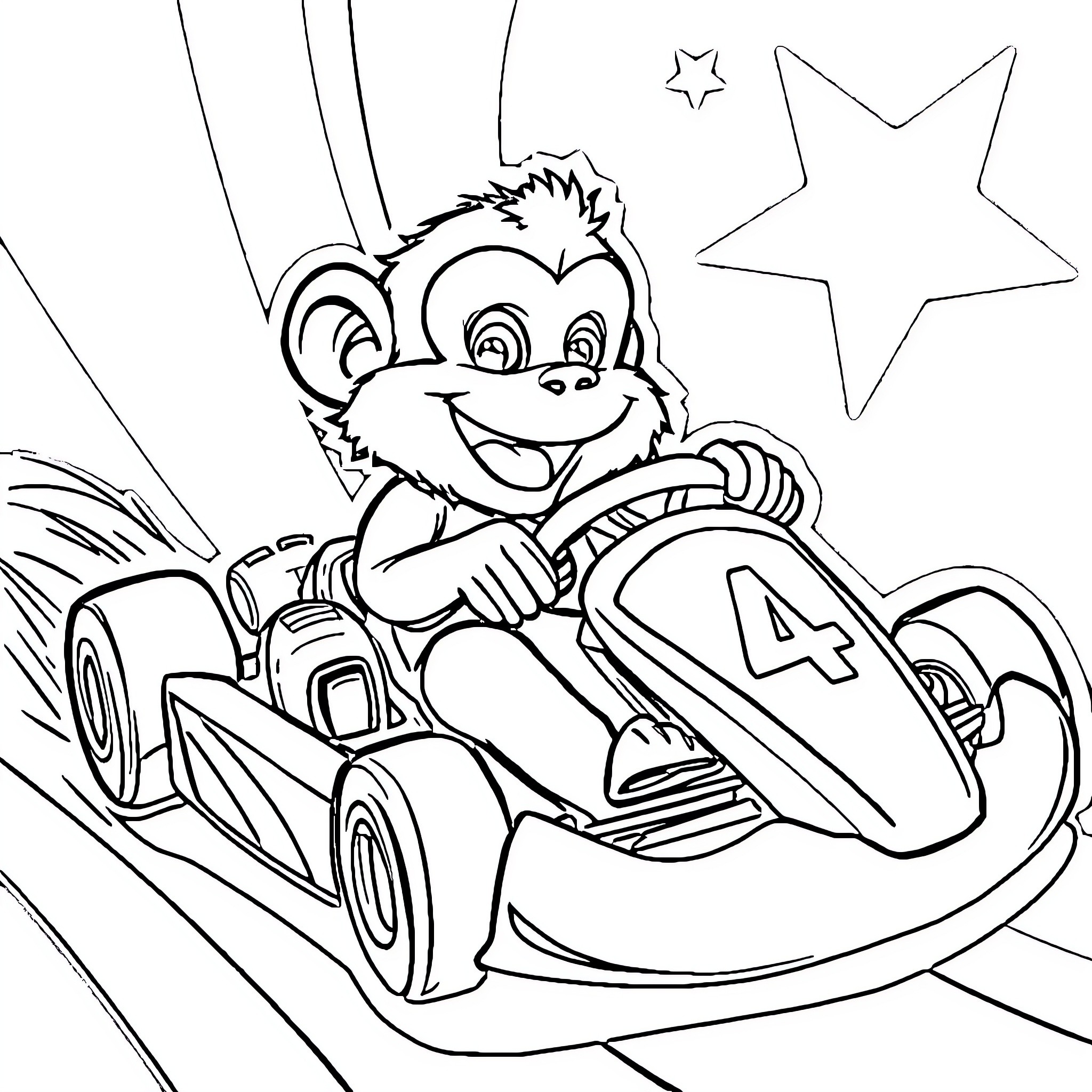 Simian Speedster Races Through the Cosmos Coloring Page (free black-and-white line drawing printable PDF for all, from beginners to advanced learners, including children, teens, adults, and seniors)
