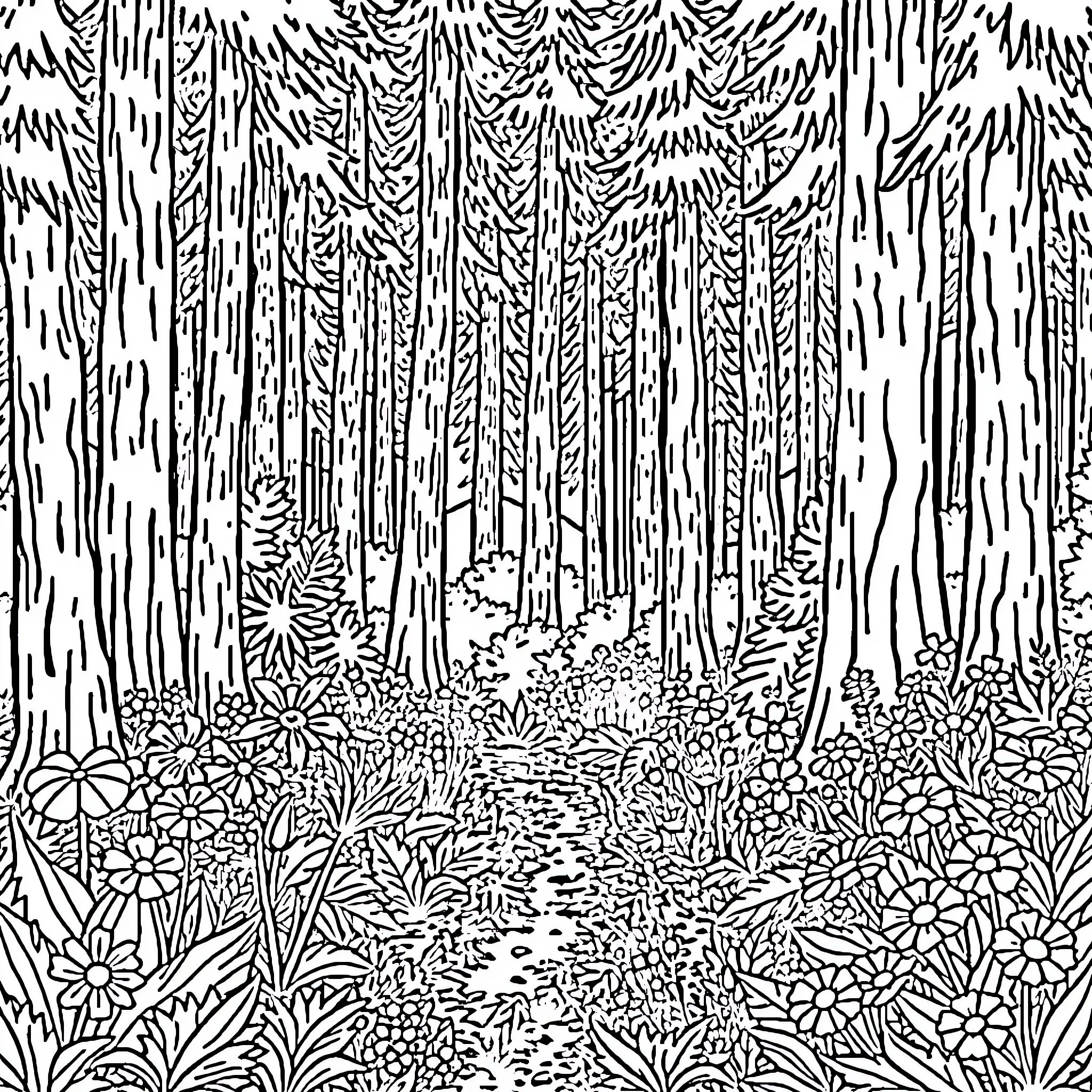 Forest path through wilderness and flowers Coloring Page (free black-and-white line drawing printable PDF for all, from beginners to advanced learners, including children, teens, adults, and seniors)