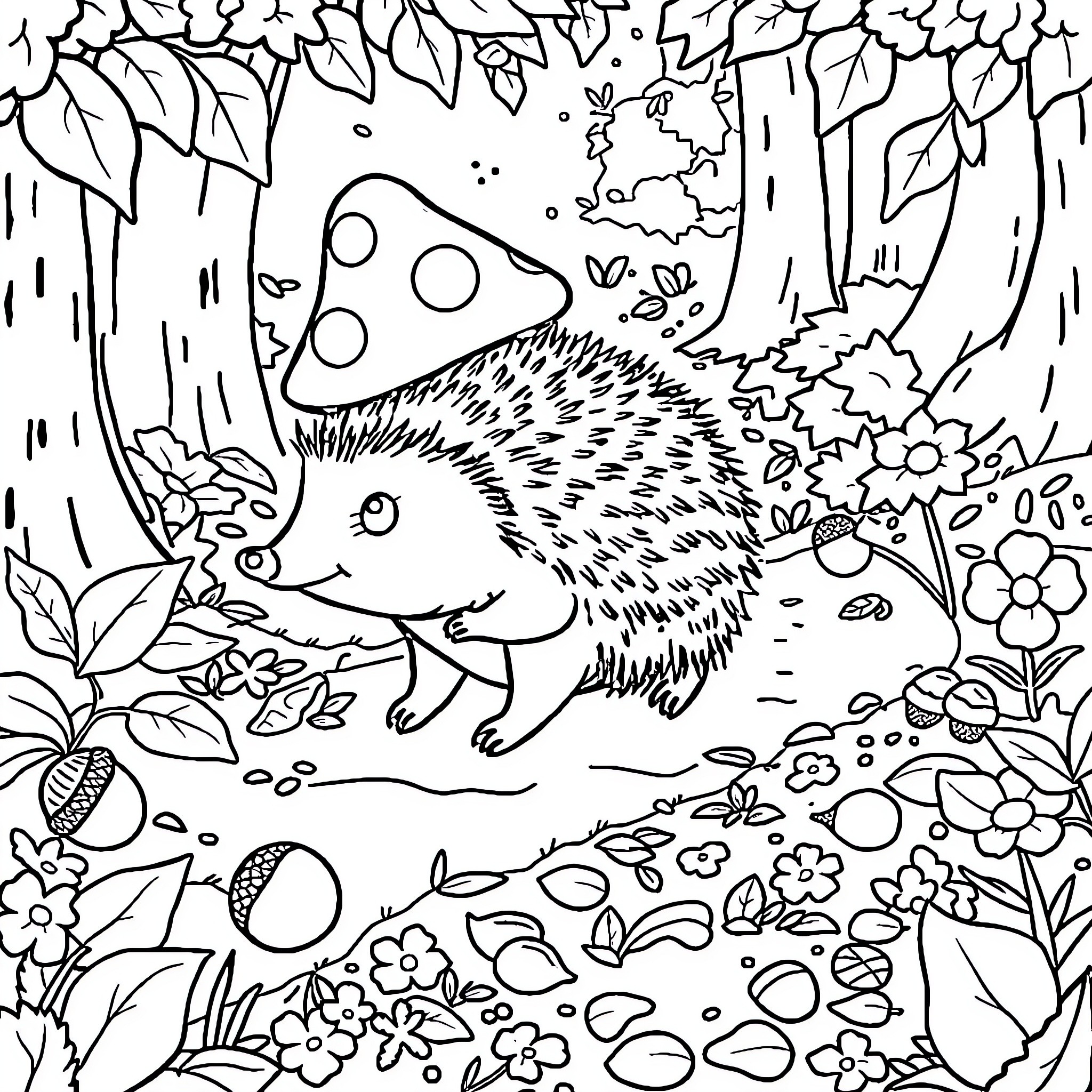 Hedgehog exploring a lush forest Coloring Page (free black-and-white line drawing printable PDF for all, from beginners to advanced learners, including children, teens, adults, and seniors)