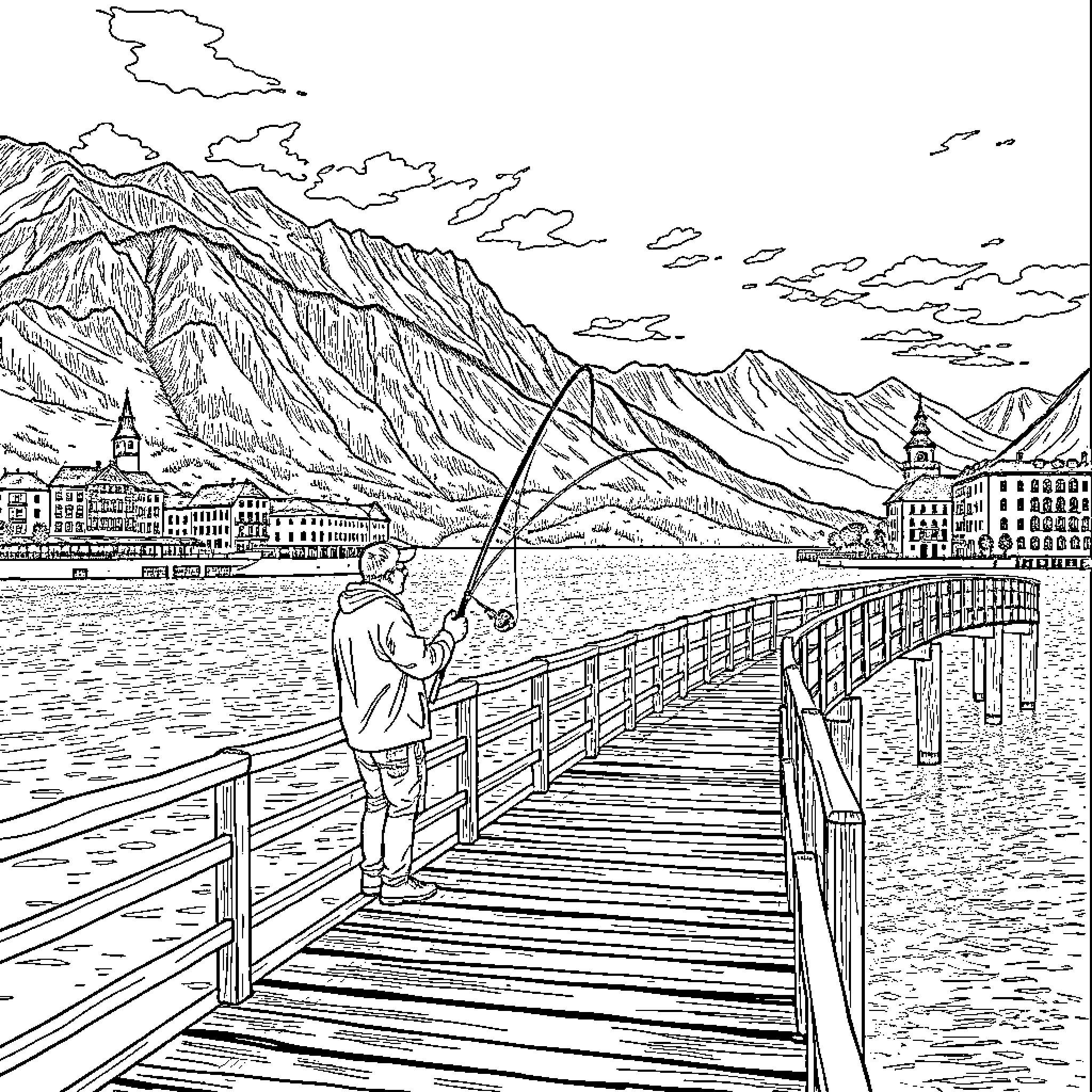 Fishing on a scenic boardwalk with mountain views Coloring Page (free black-and-white line drawing printable PDF for all, from beginners to advanced learners, including children, teens, adults, and seniors)