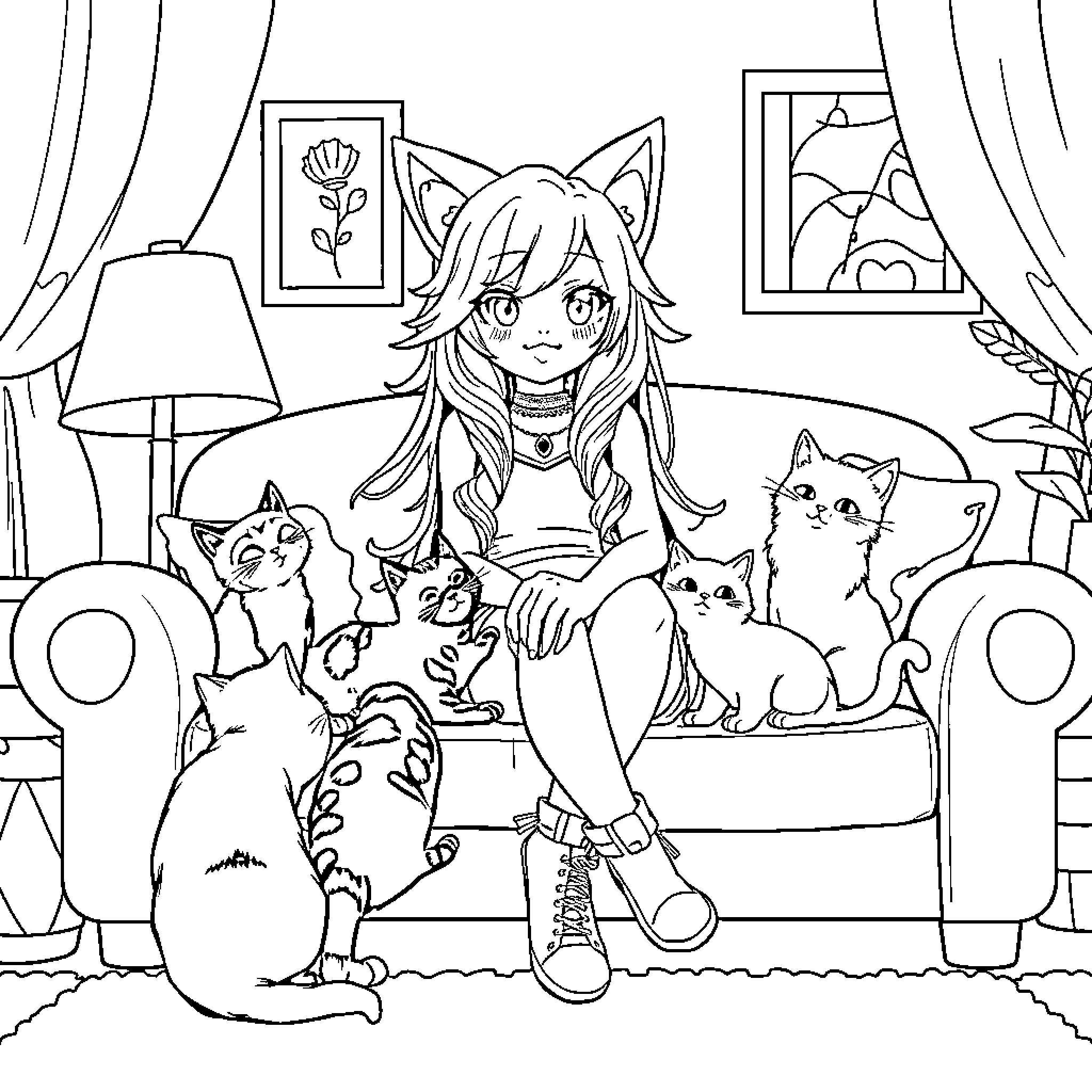 Aphmau surrounded by her adorable cat companions Coloring Page (free black-and-white line drawing printable PDF for all, from beginners to advanced learners, including children, teens, adults, and seniors)