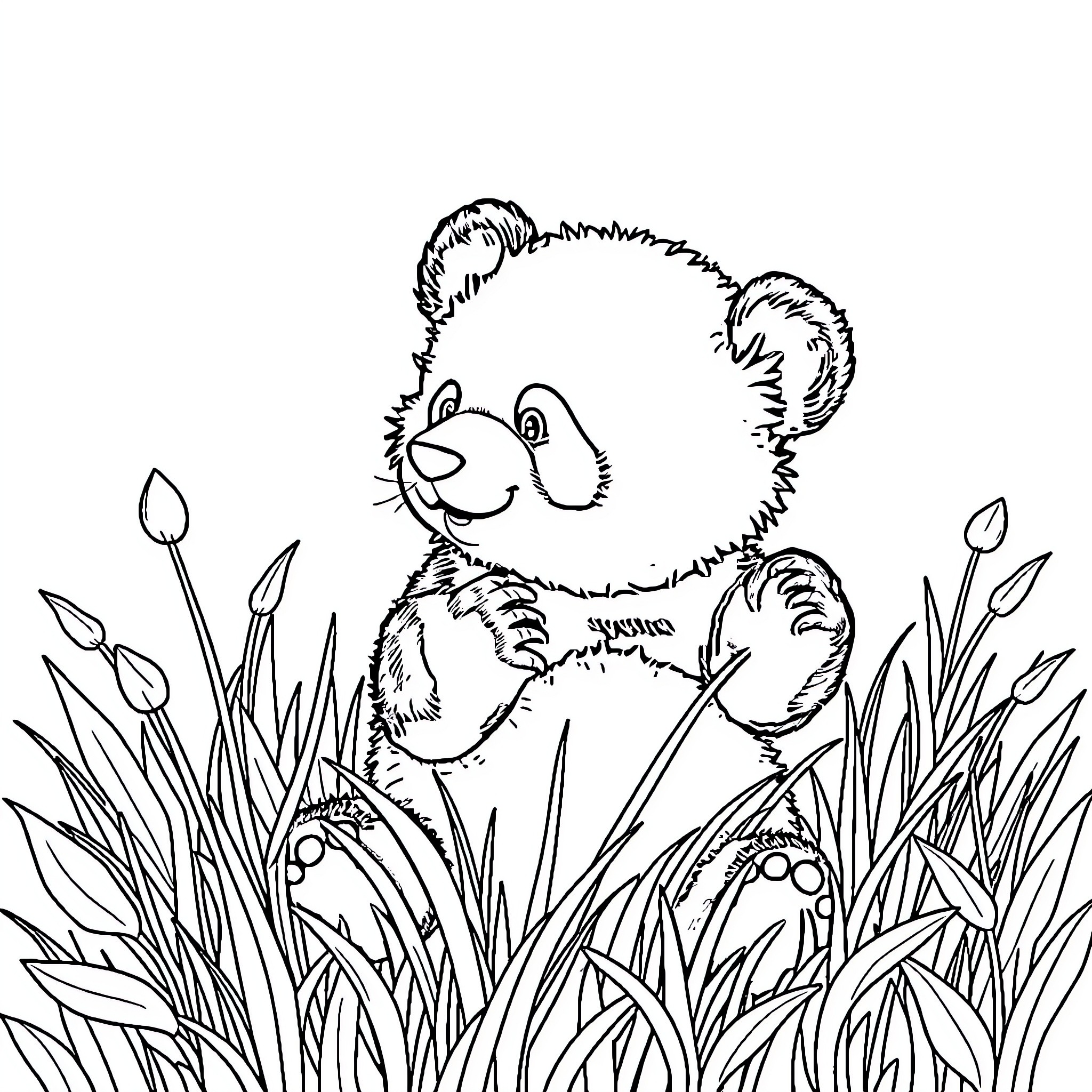 Panda playing in tall grass Coloring Page (free black-and-white line drawing printable PDF for all, from beginners to advanced learners, including children, teens, adults, and seniors)