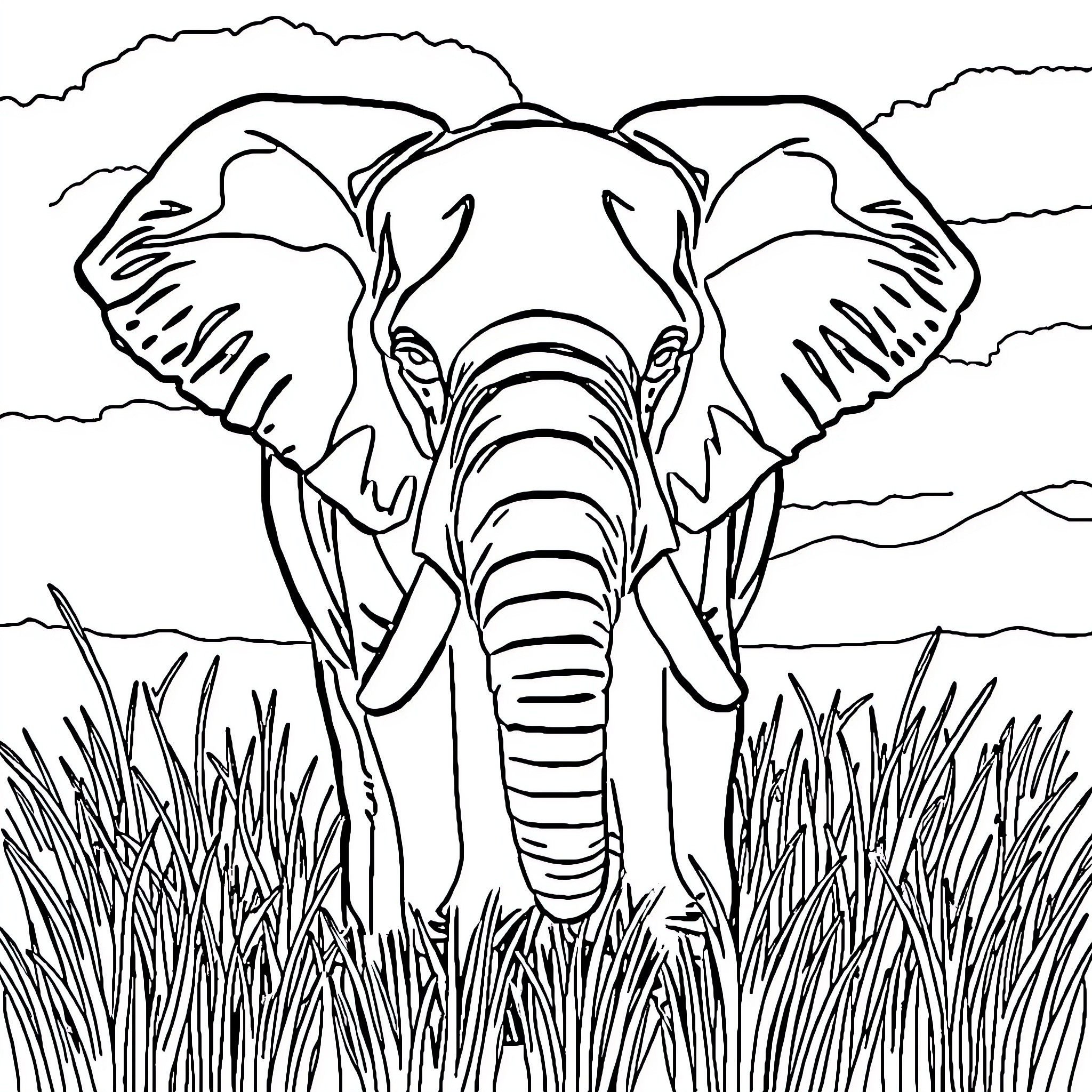 Elephant standing tall in the wilderness Coloring Page (free black-and-white line drawing printable PDF for all, from beginners to advanced learners, including children, teens, adults, and seniors)
