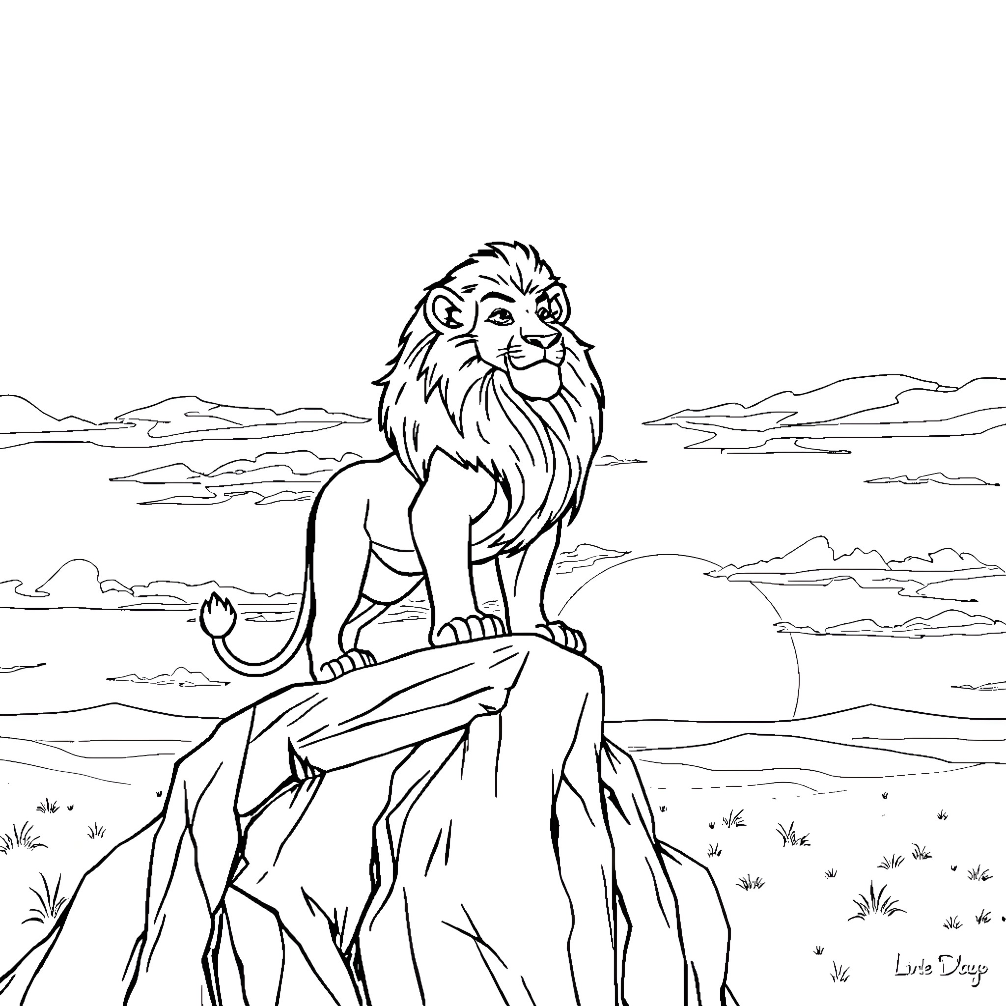 Lion sitting atop a rocky cliff Coloring Page (free black-and-white line drawing printable PDF for all, from beginners to advanced learners, including children, teens, adults, and seniors)
