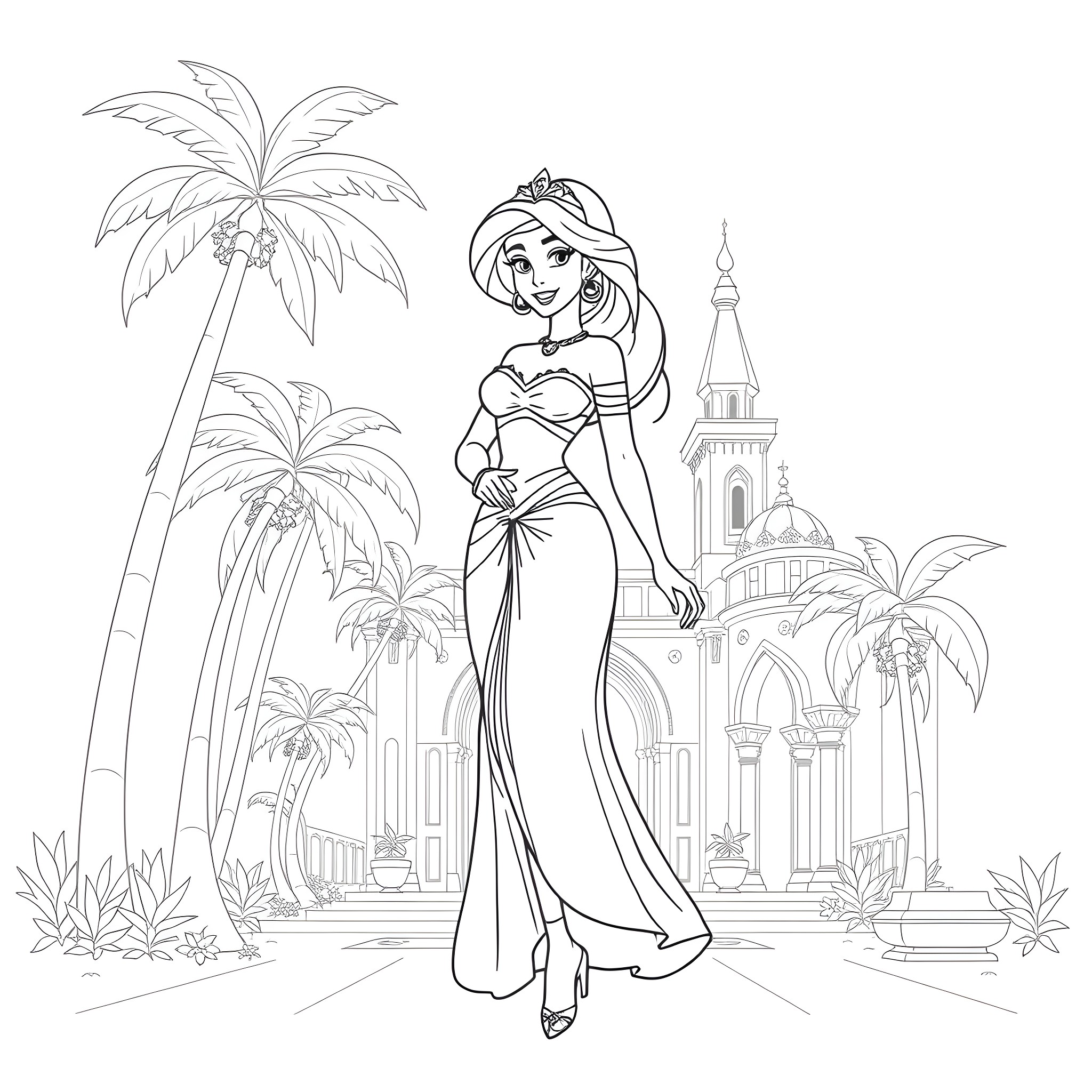 Princess Jasmine exploring palace gardens in elegant dress Coloring Page (free black-and-white line drawing printable PDF for all, from beginners to advanced learners, including children, teens, adults, and seniors)