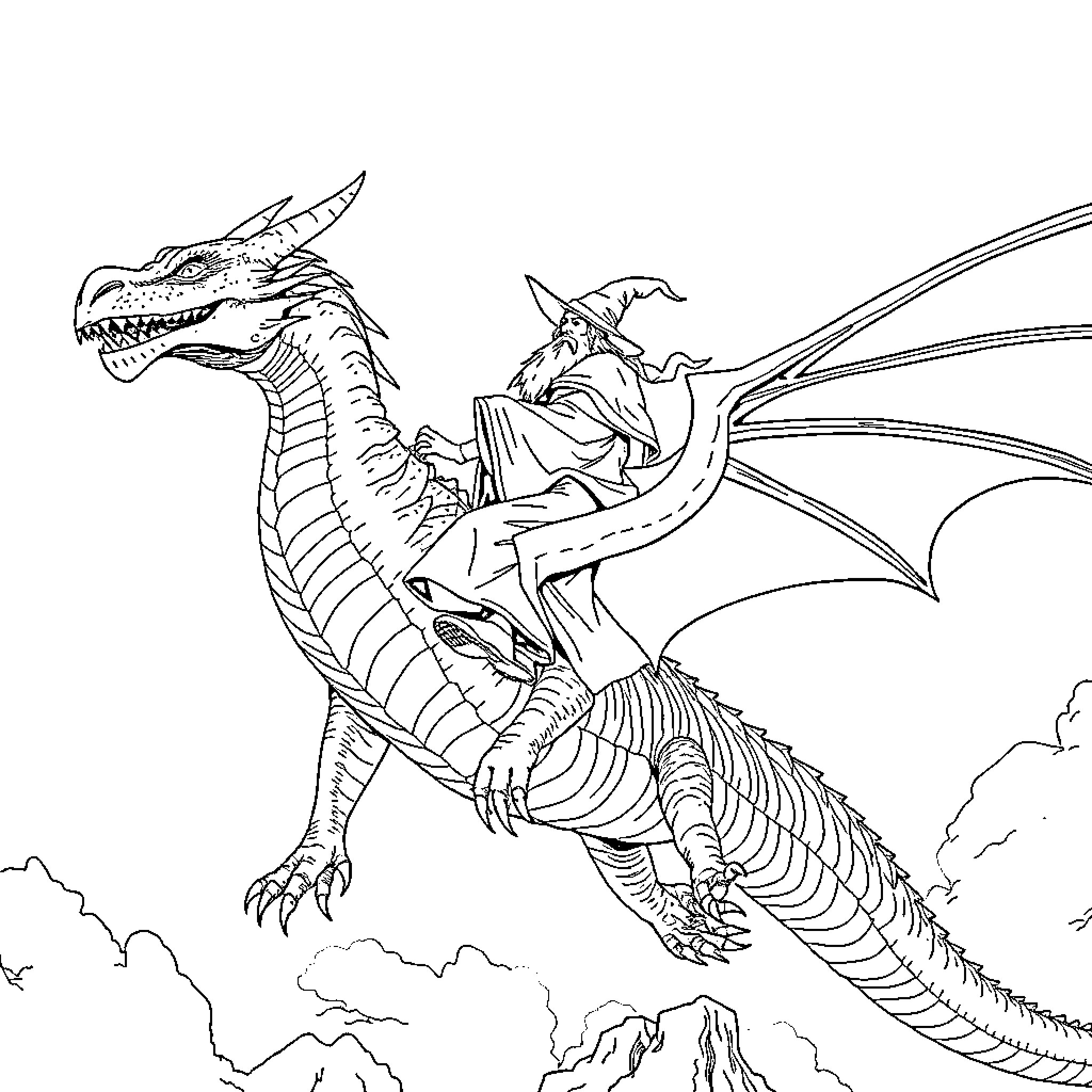 Gandalf rides a mighty dragon over the clouded skies Coloring Page (free black-and-white line drawing printable PDF for all, from beginners to advanced learners, including children, teens, adults, and seniors)