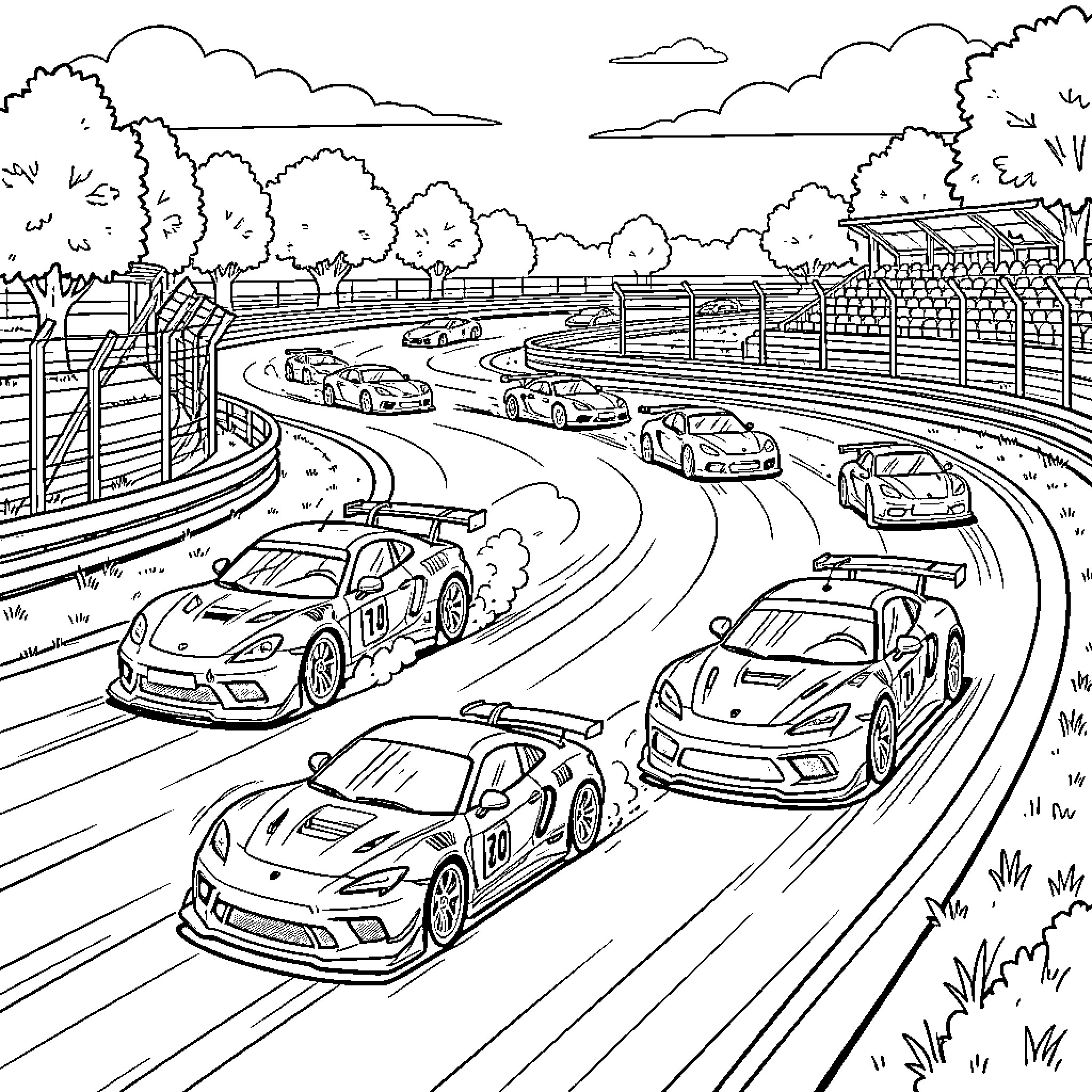 Racing Cars Speeding on a Racetrack Coloring Page (free black-and-white line drawing printable PDF for all, from beginners to advanced learners, including children, teens, adults, and seniors)