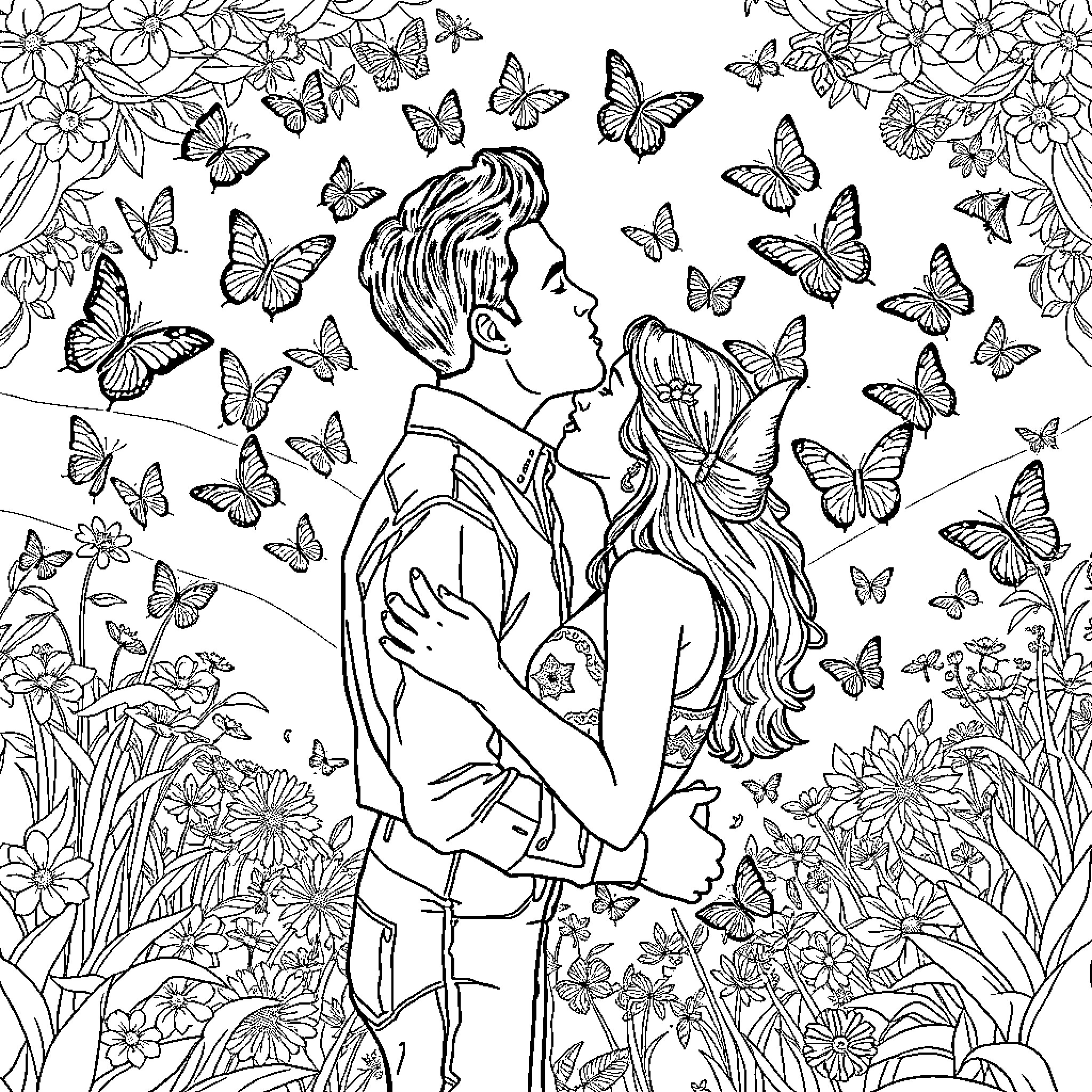 Man and Woman Embracing Amidst Butterflies and Flowers Coloring Page (free black-and-white line drawing printable PDF for all, from beginners to advanced learners, including children, teens, adults, and seniors)