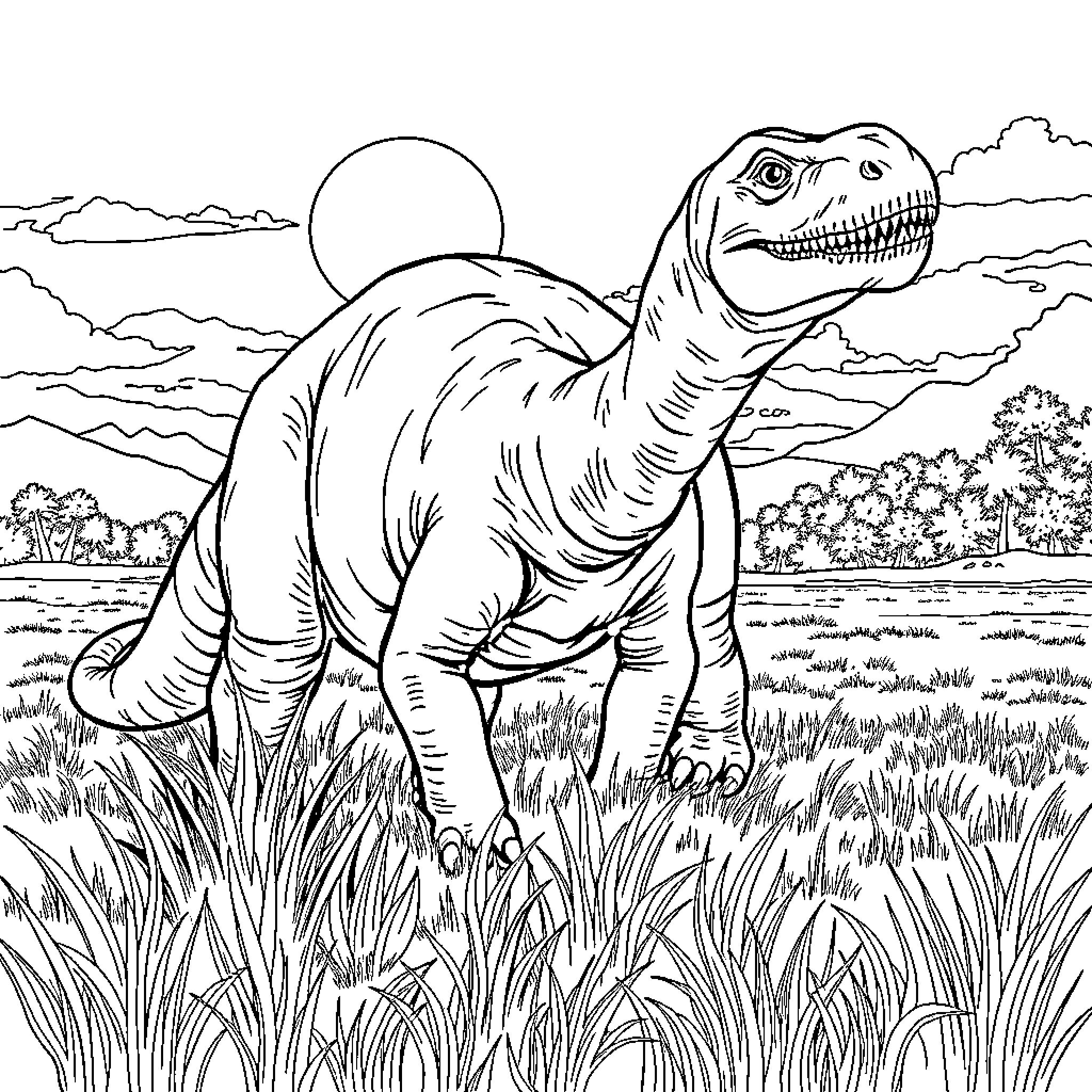 Dinosaur roaming through lush landscape Coloring Page (free black-and-white line drawing printable PDF for all, from beginners to advanced learners, including children, teens, adults, and seniors)