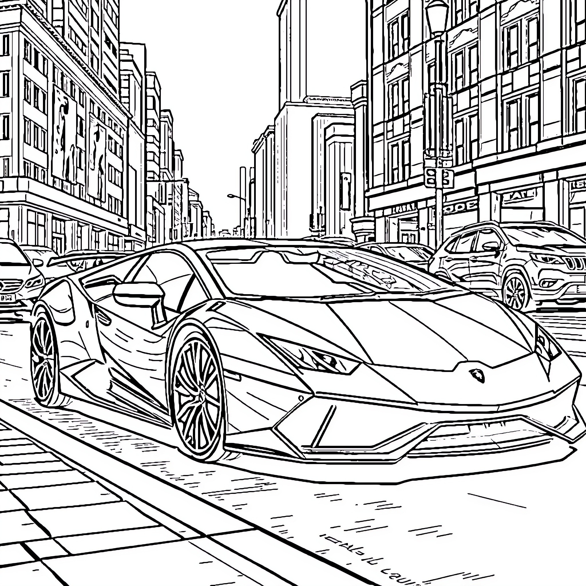 Lamborghini sports car on city street Coloring Page (free black-and-white line drawing printable PDF for all, from beginners to advanced learners, including children, teens, adults, and seniors)