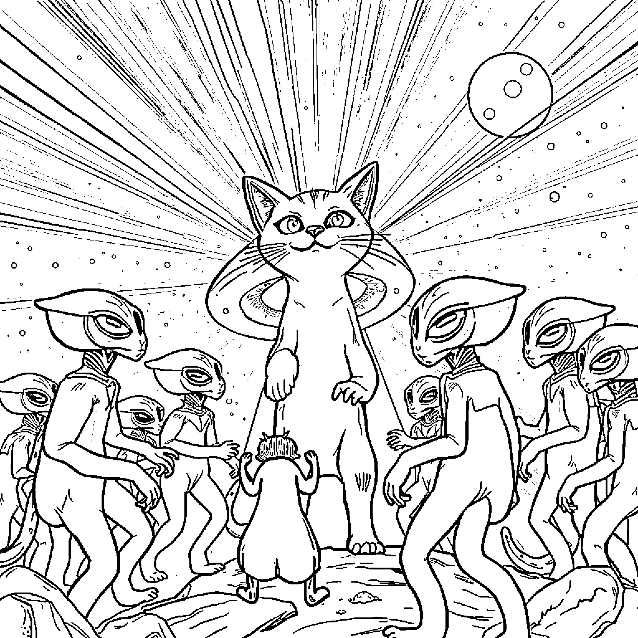 Cat Surrounded by Whimsical Alien Creatures Coloring Page (free black-and-white line drawing printable PDF for all, from beginners to advanced learners, including children, teens, adults, and seniors)