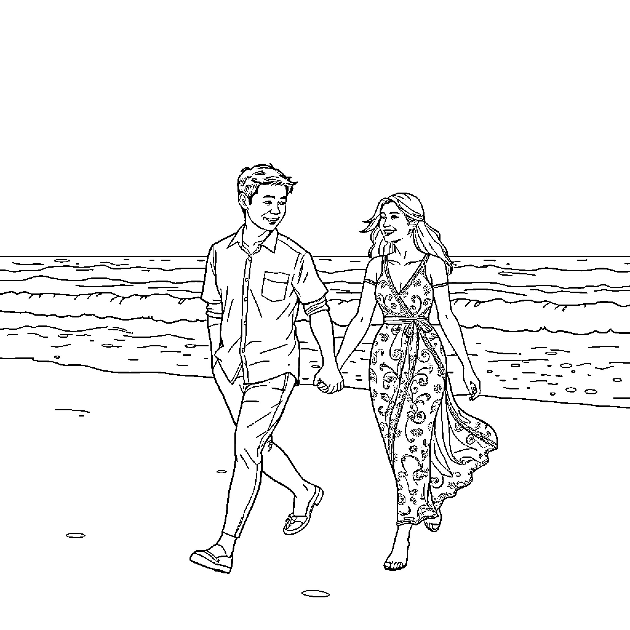 Man and Woman Strolling on the Beach Coloring Page (free black-and-white line drawing printable PDF for all, from beginners to advanced learners, including children, teens, adults, and seniors)