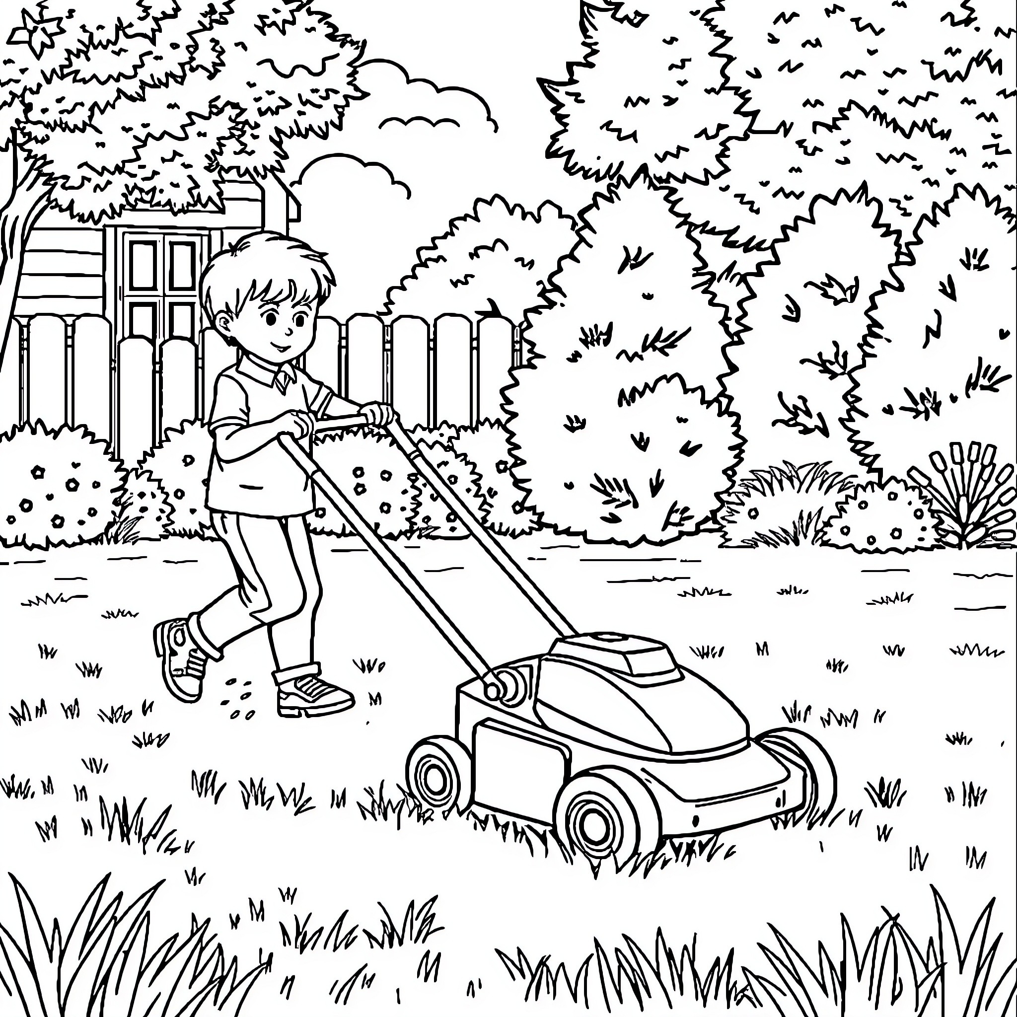 Boy mowing the lawn in the backyard Coloring Page (free black-and-white line drawing printable PDF for all, from beginners to advanced learners, including children, teens, adults, and seniors)