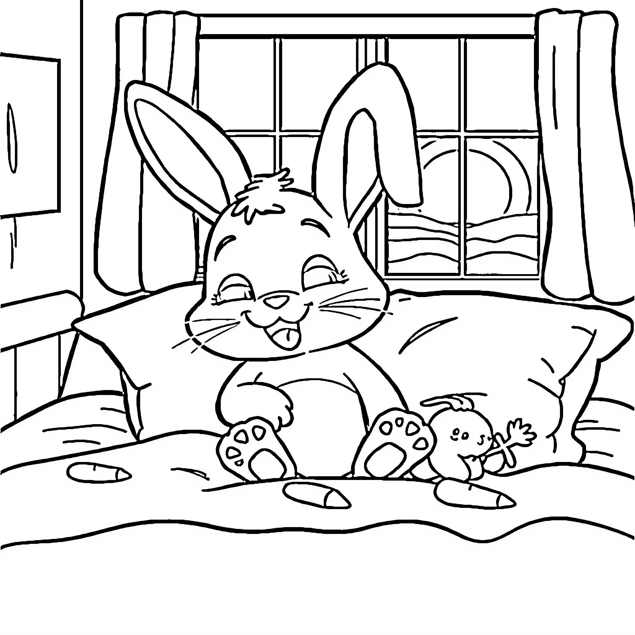 Bunny relaxing happily in cozy indoor scene Coloring Page (free black-and-white line drawing printable PDF for all, from beginners to advanced learners, including children, teens, adults, and seniors)