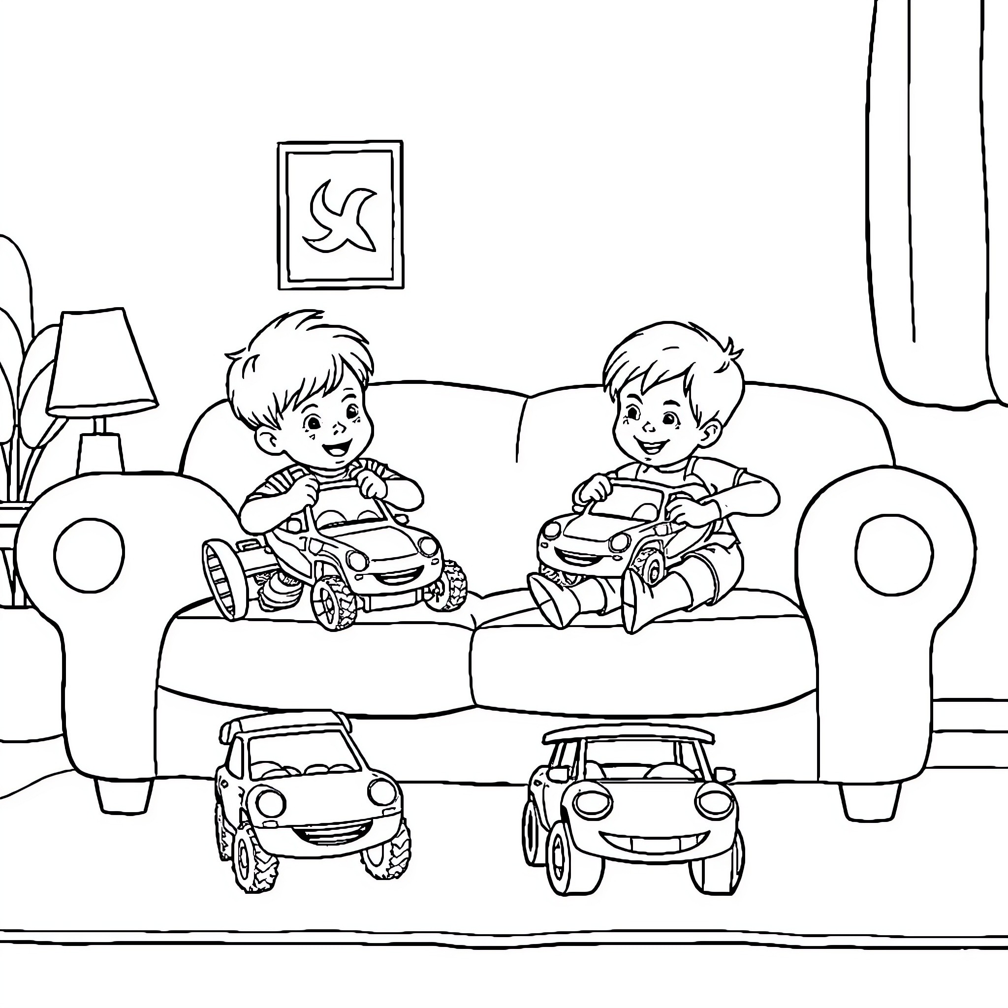 Car Ride: Boys Playing with Toy Vehicles Coloring Page (free black-and-white line drawing printable PDF for all, from beginners to advanced learners, including children, teens, adults, and seniors)