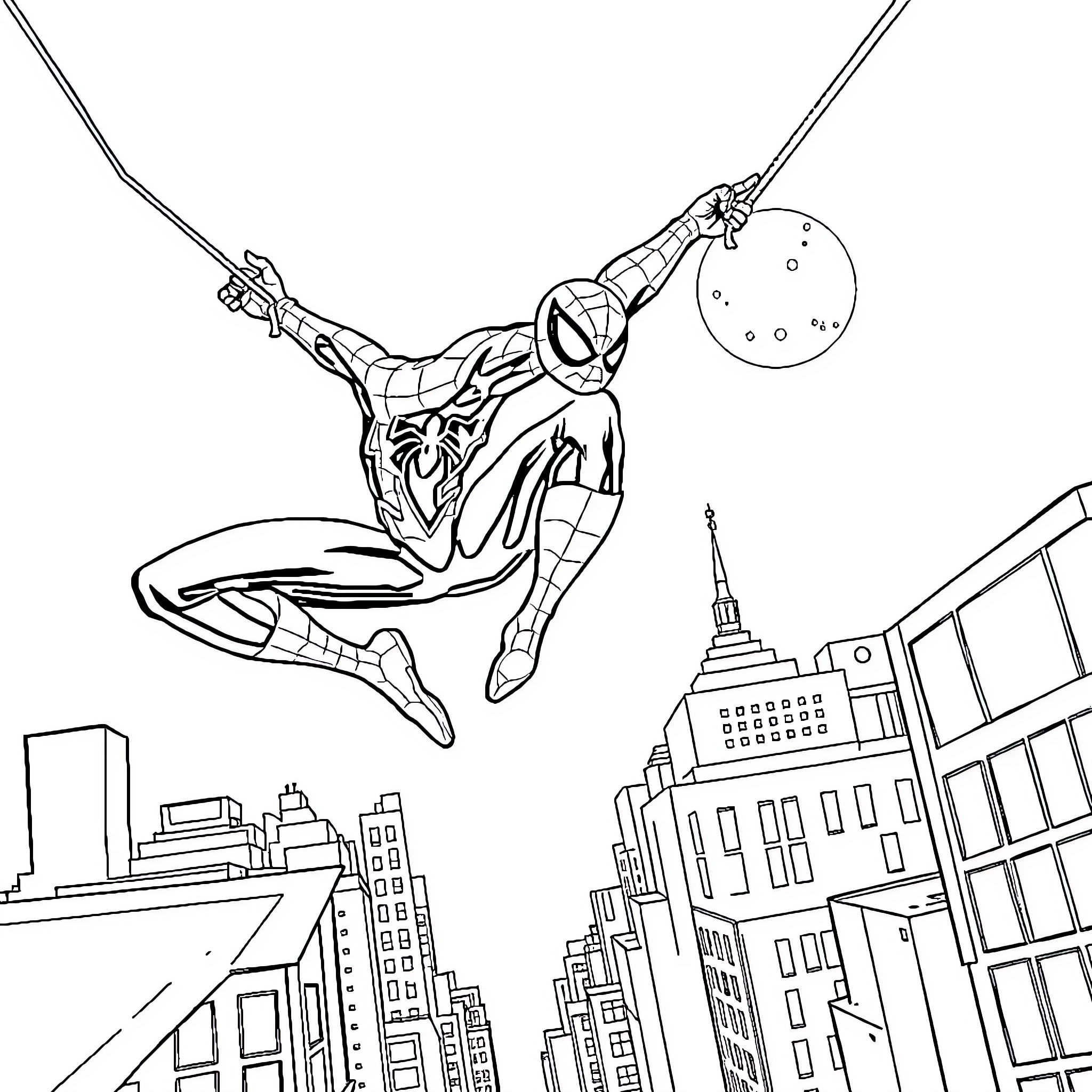Spider-Man swinging through the city skyline Coloring Page (free black-and-white line drawing printable PDF for all, from beginners to advanced learners, including children, teens, adults, and seniors)