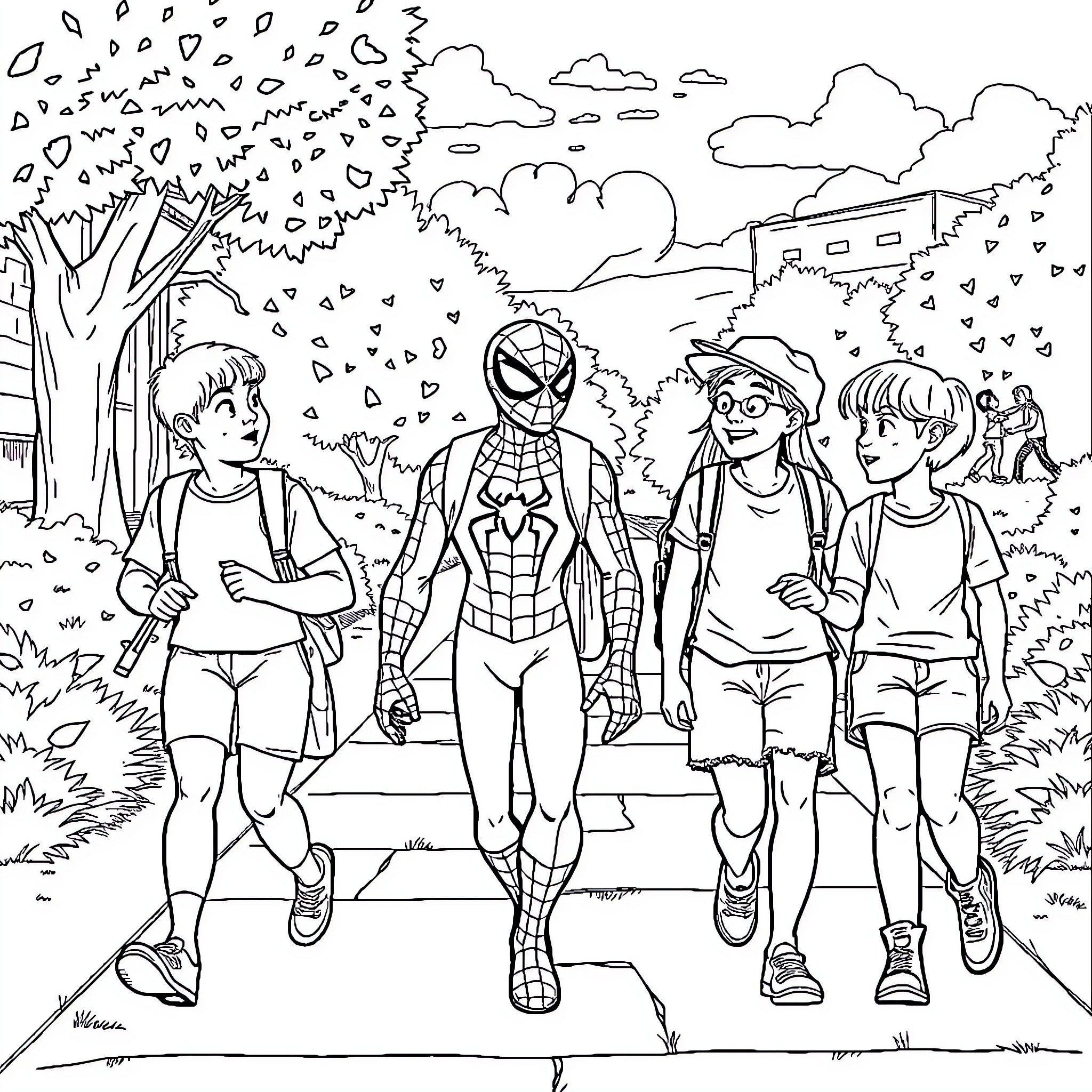 Spiderman and friends explore the outdoor landscape Coloring Page (free black-and-white line drawing printable PDF for all, from beginners to advanced learners, including children, teens, adults, and seniors)