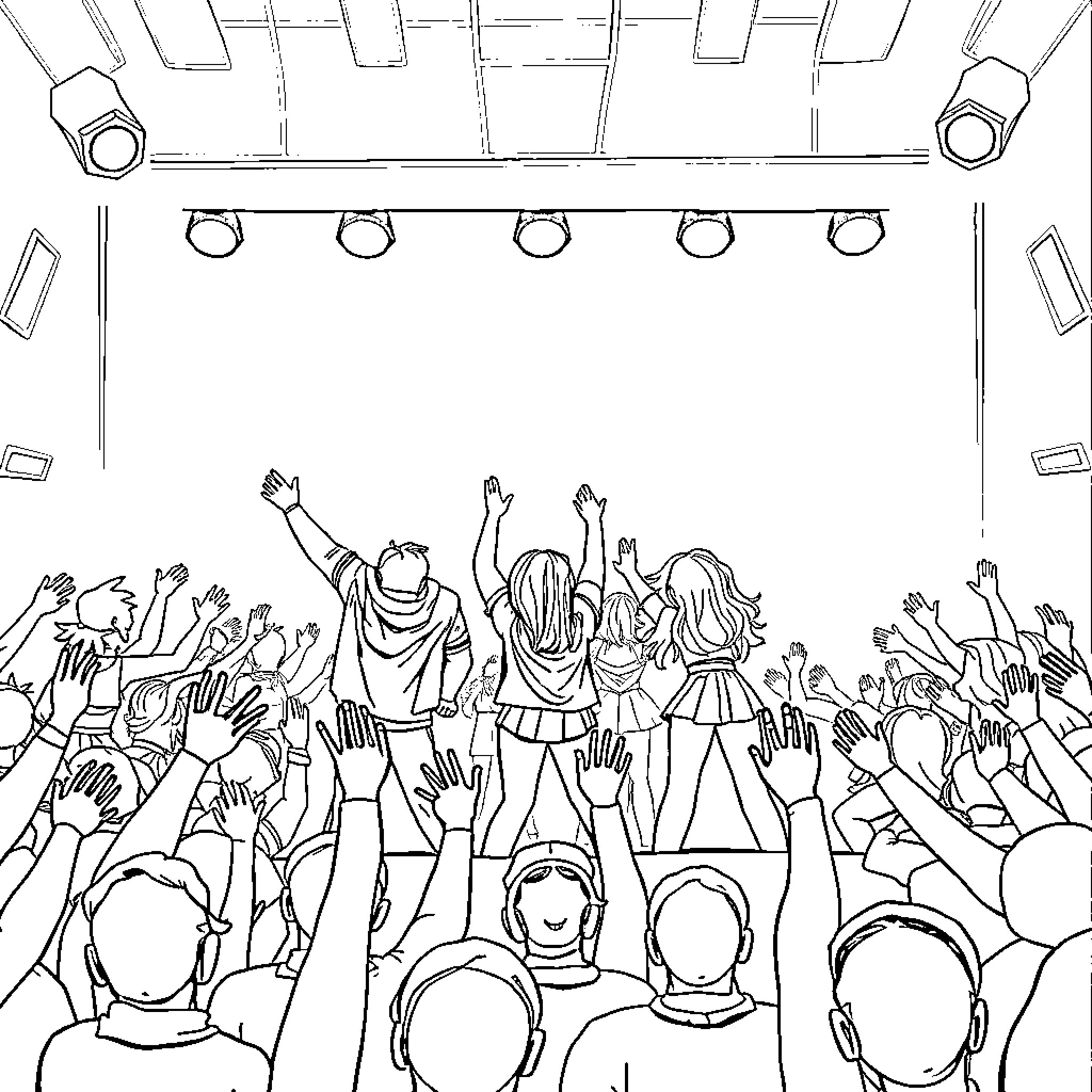 K Pop Artists Performing Energetic Show for Cheering Fans Coloring Page (free black-and-white line drawing printable PDF for all, from beginners to advanced learners, including children, teens, adults, and seniors)