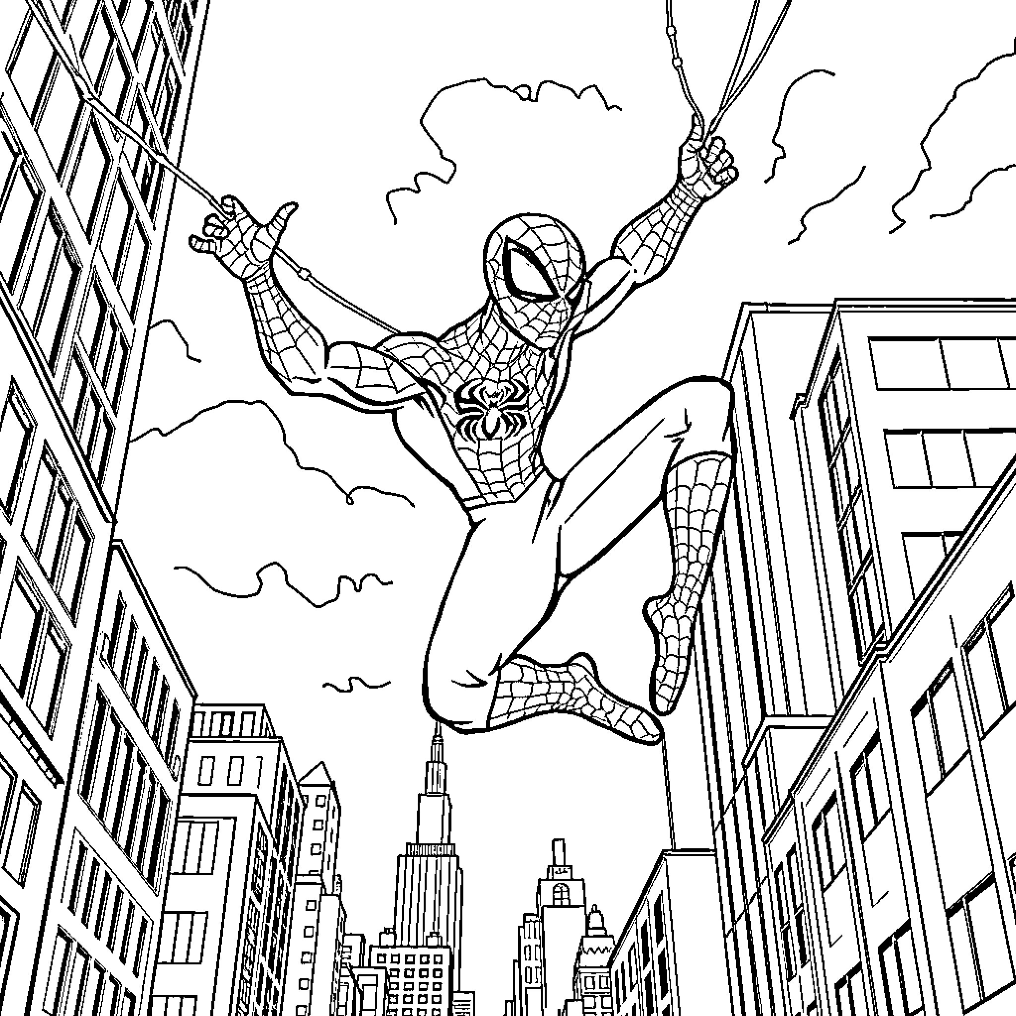 Spiderman swinging through the city skyline Coloring Page (free black-and-white line drawing printable PDF for all, from beginners to advanced learners, including children, teens, adults, and seniors)