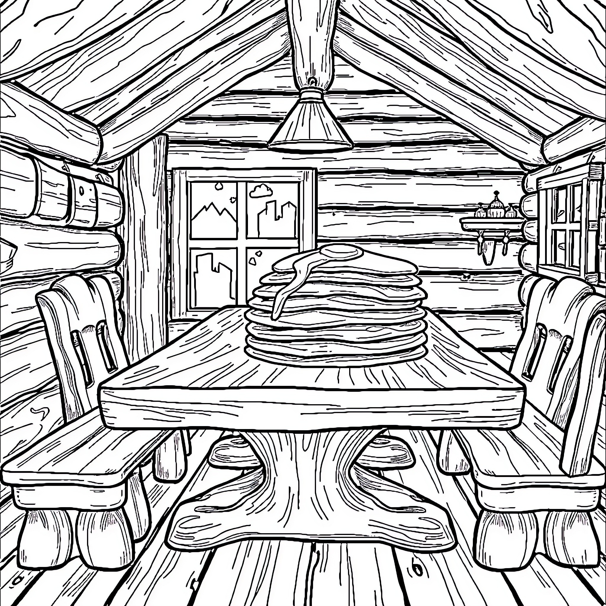 Breakfast in a Cozy Cabin Retreat Coloring Page (free black-and-white line drawing printable PDF for all, from beginners to advanced learners, including children, teens, adults, and seniors)