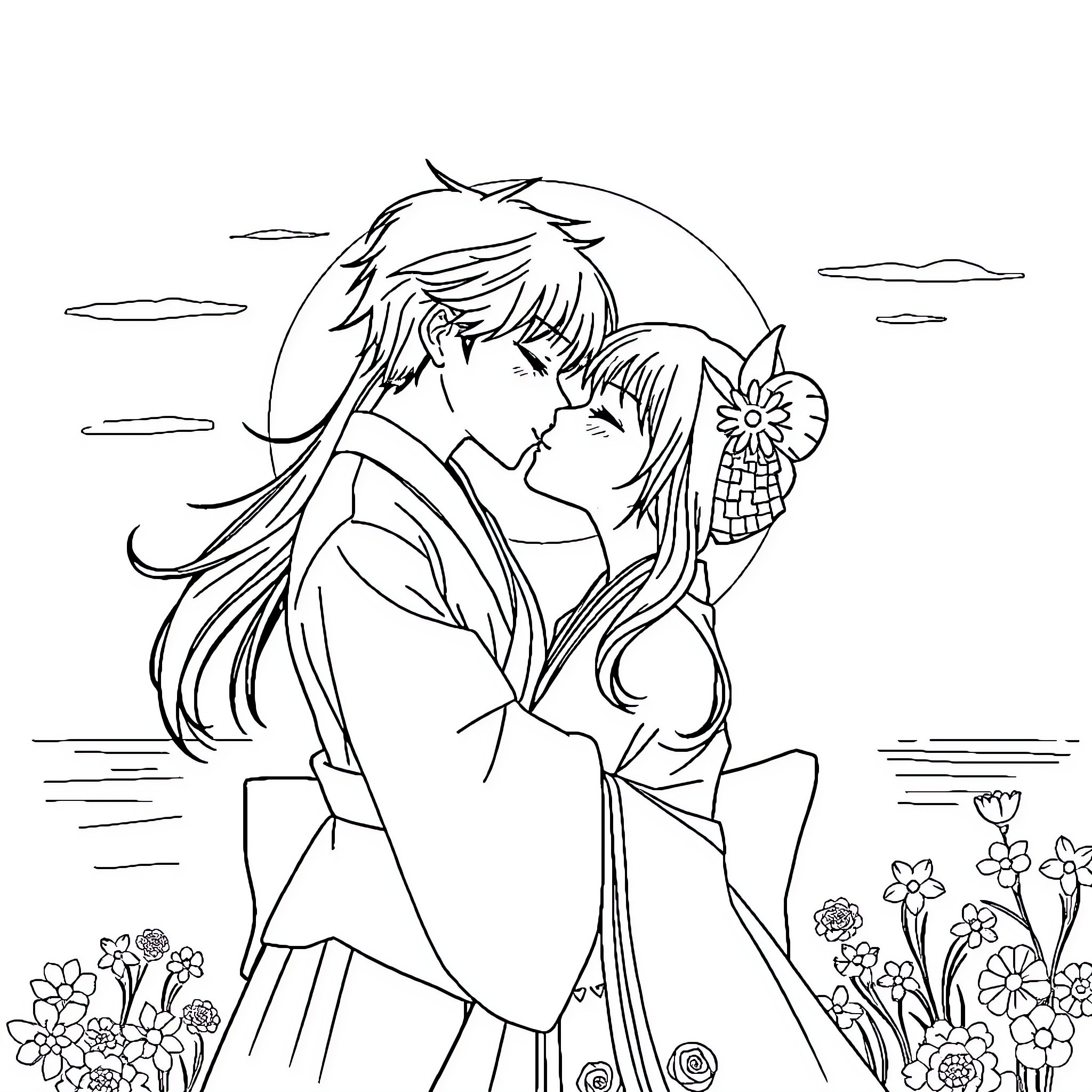 Kiriko's Tender Embrace in the Floral Meadow Coloring Page (free black-and-white line drawing printable PDF for all, from beginners to advanced learners, including children, teens, adults, and seniors)