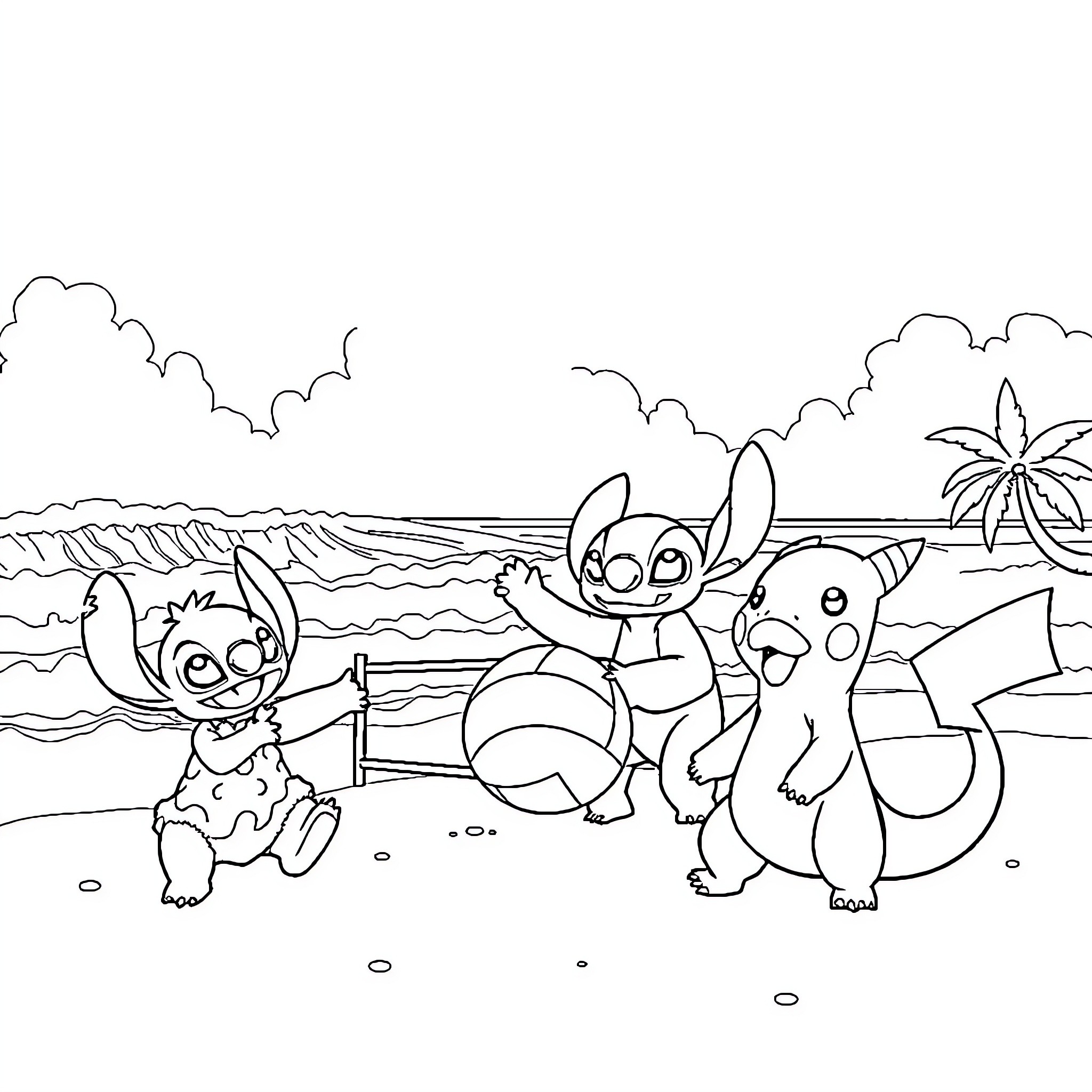 Character Enjoying Beach Fun with Companions Coloring Page (free black-and-white line drawing printable PDF for all, from beginners to advanced learners, including children, teens, adults, and seniors)