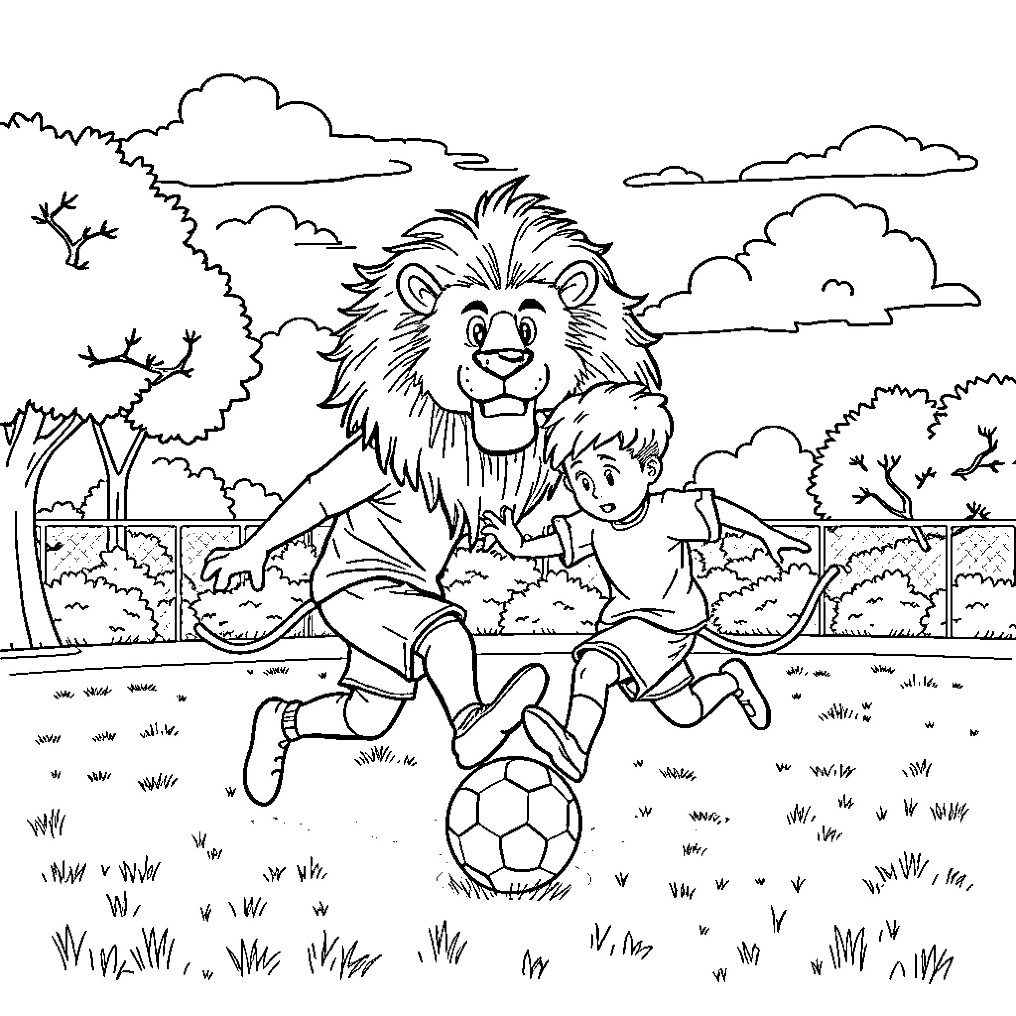 Lion playing soccer with a boy in the park Coloring Page (free black-and-white line drawing printable PDF for all, from beginners to advanced learners, including children, teens, adults, and seniors)