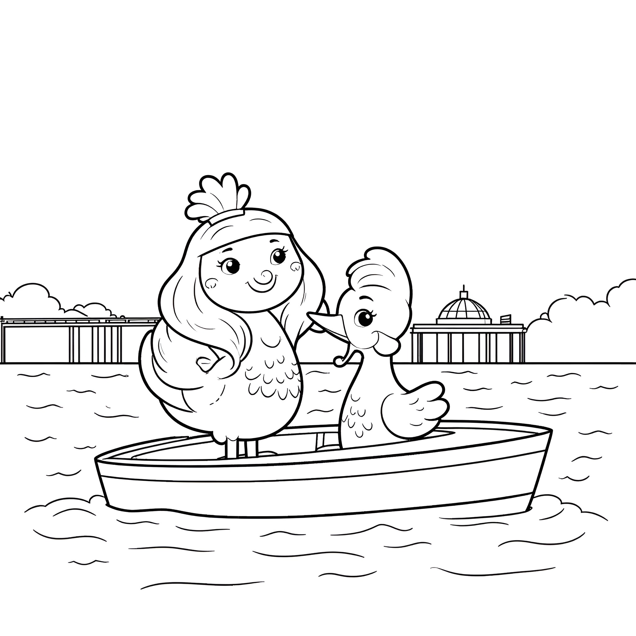 Moana and Maui in a boat on the ocean Coloring Page (free black-and-white line drawing printable PDF for all, from beginners to advanced learners, including children, teens, adults, and seniors)