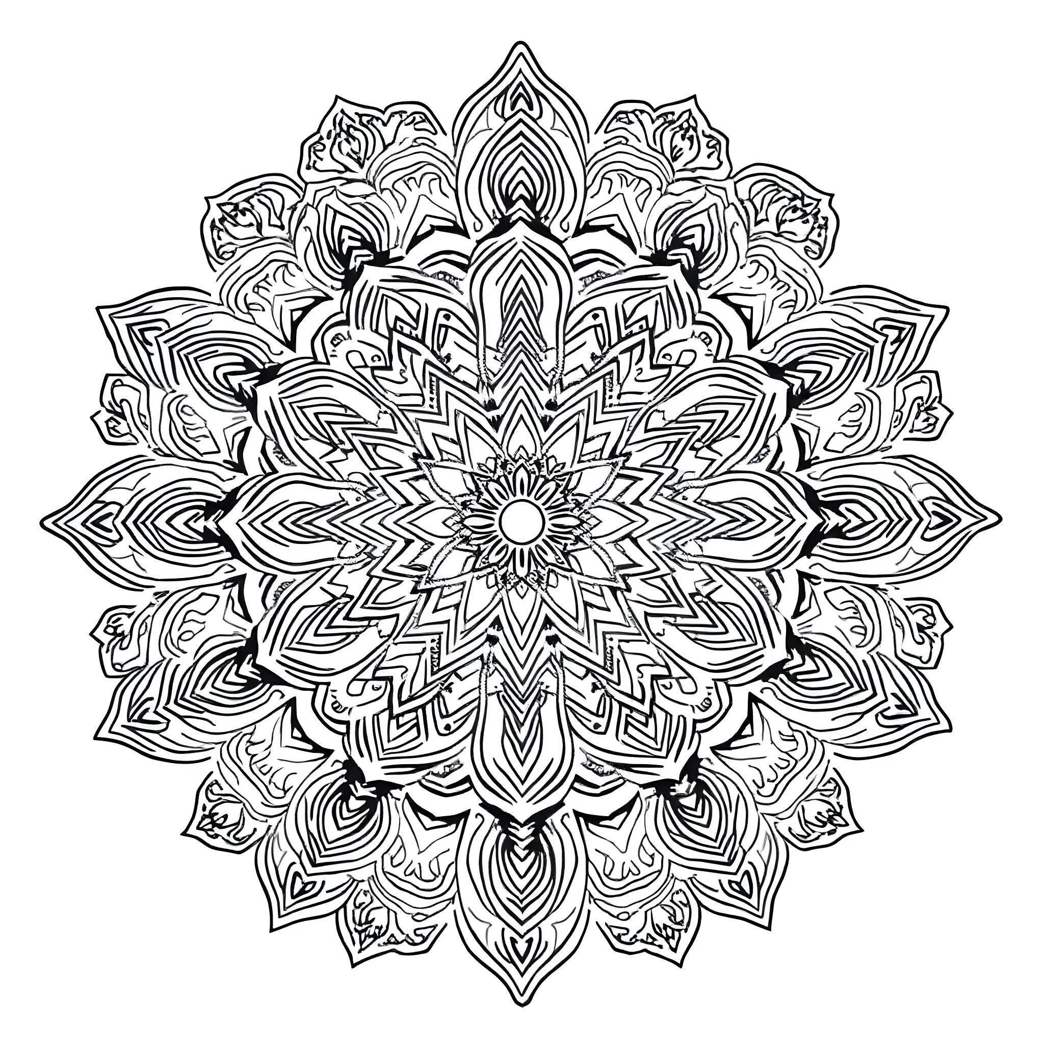 Mandala with intricate floral patterns Coloring Page (free black-and-white line drawing printable PDF for all, from beginners to advanced learners, including children, teens, adults, and seniors)