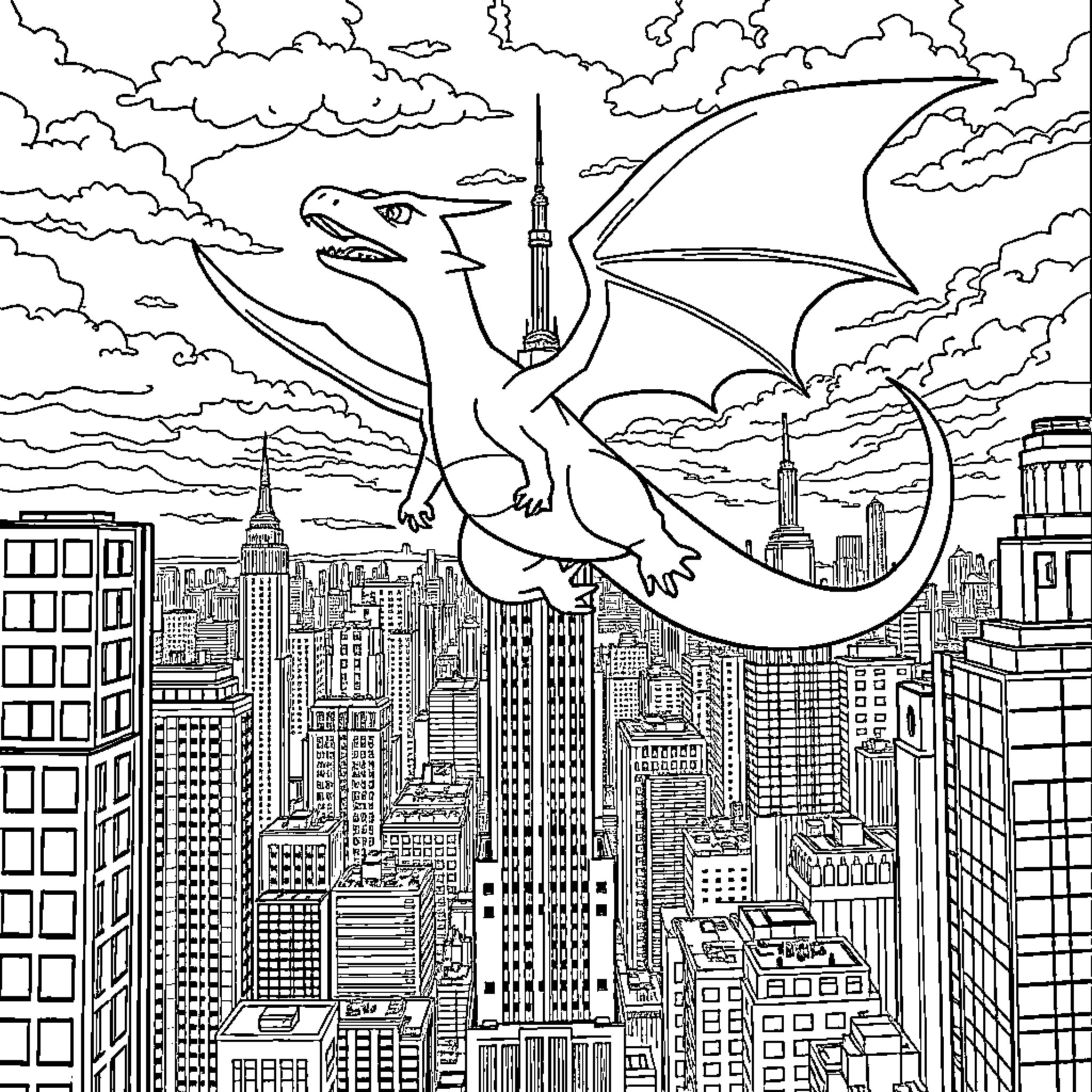 Charizard soaring over the city skyline Coloring Page (free black-and-white line drawing printable PDF for all, from beginners to advanced learners, including children, teens, adults, and seniors)
