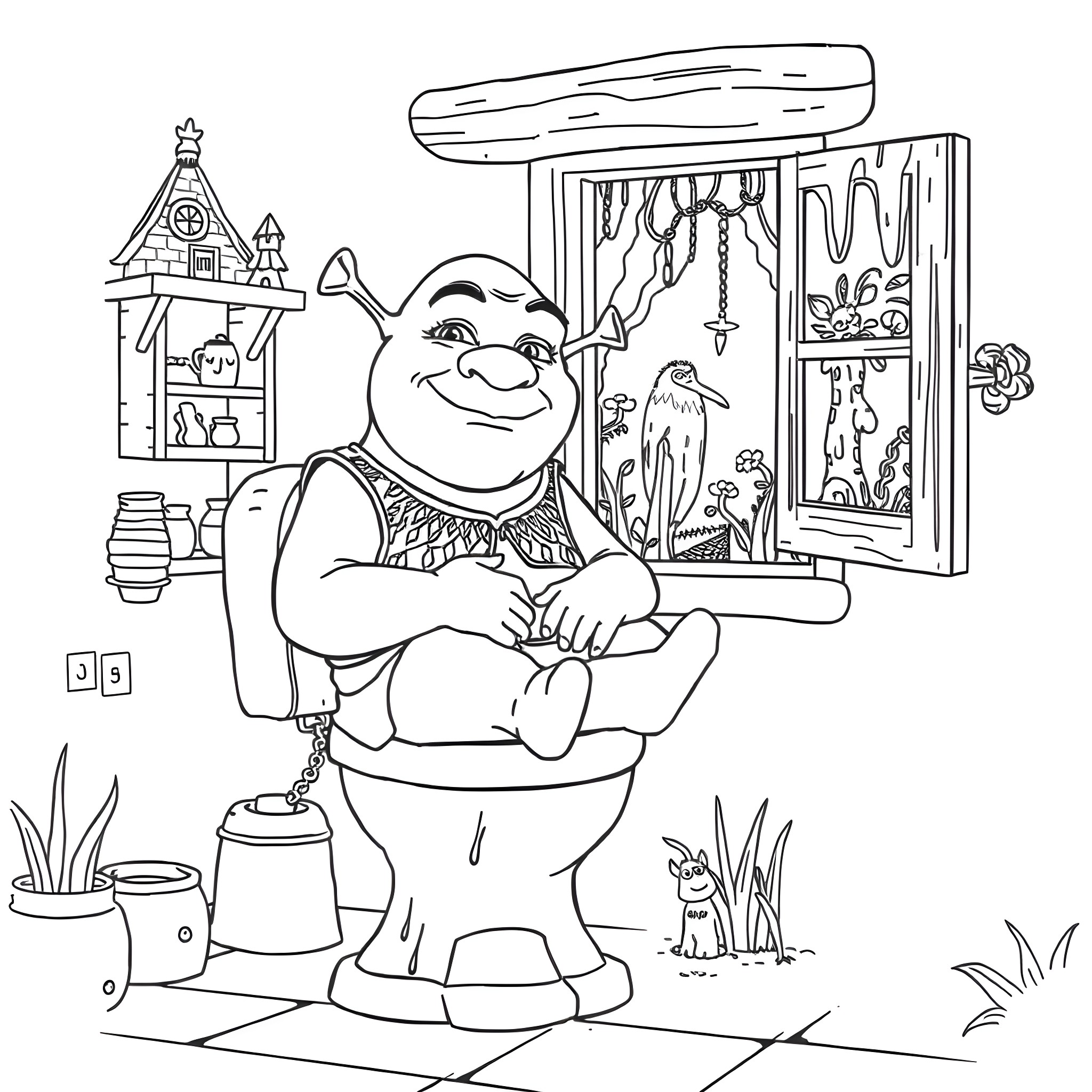 Shrek relaxing in a cozy cabin in the woods Coloring Page (free black-and-white line drawing printable PDF for all, from beginners to advanced learners, including children, teens, adults, and seniors)