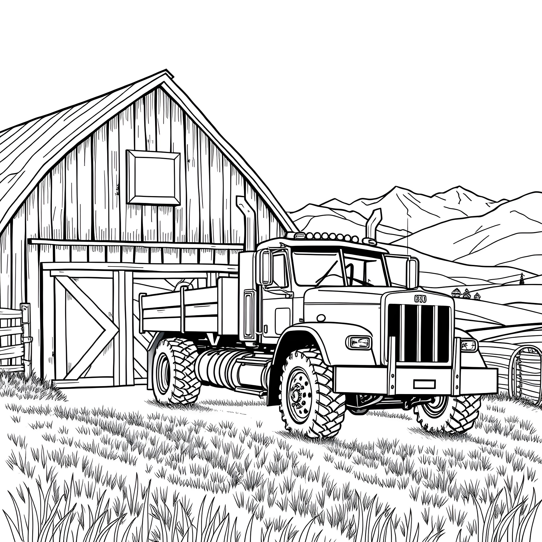 Truck transporting materials near old barn in countryside Coloring Page (free black-and-white line drawing printable PDF for all, from beginners to advanced learners, including children, teens, adults, and seniors)