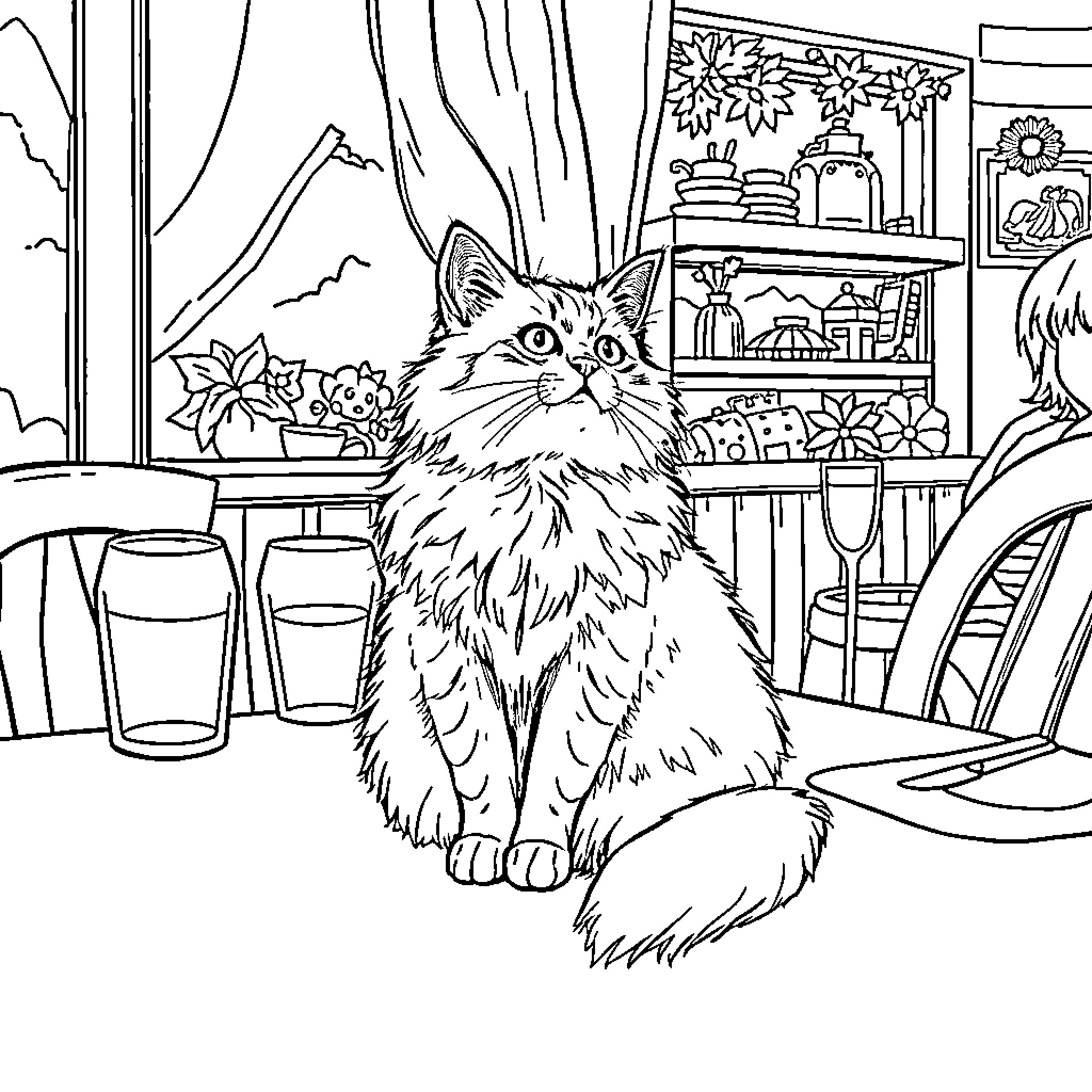 Cat relaxing in a cozy home setting Coloring Page (free black-and-white line drawing printable PDF for all, from beginners to advanced learners, including children, teens, adults, and seniors)