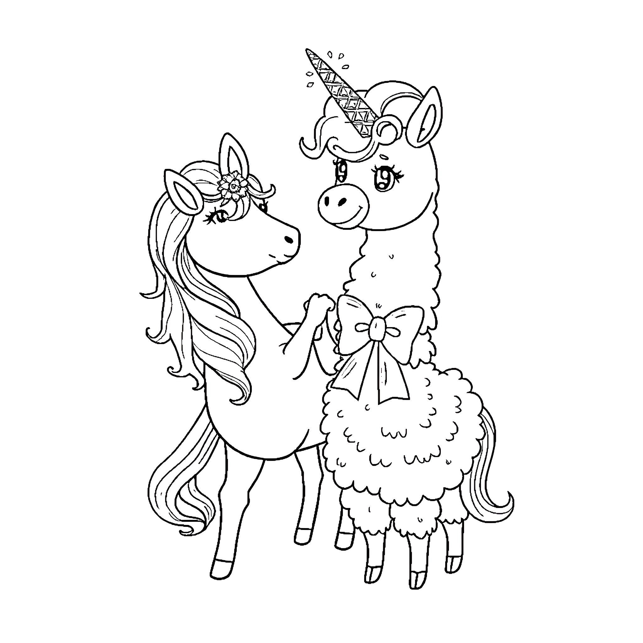 Unicorn and Llama Wearing Festive Attire Coloring Page (free black-and-white line drawing printable PDF for all, from beginners to advanced learners, including children, teens, adults, and seniors)