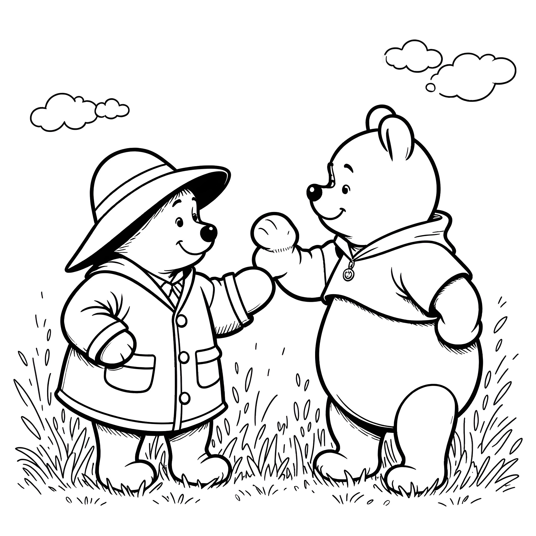 Paddington and friend exploring outdoors Coloring Page (free black-and-white line drawing printable PDF for all, from beginners to advanced learners, including children, teens, adults, and seniors)